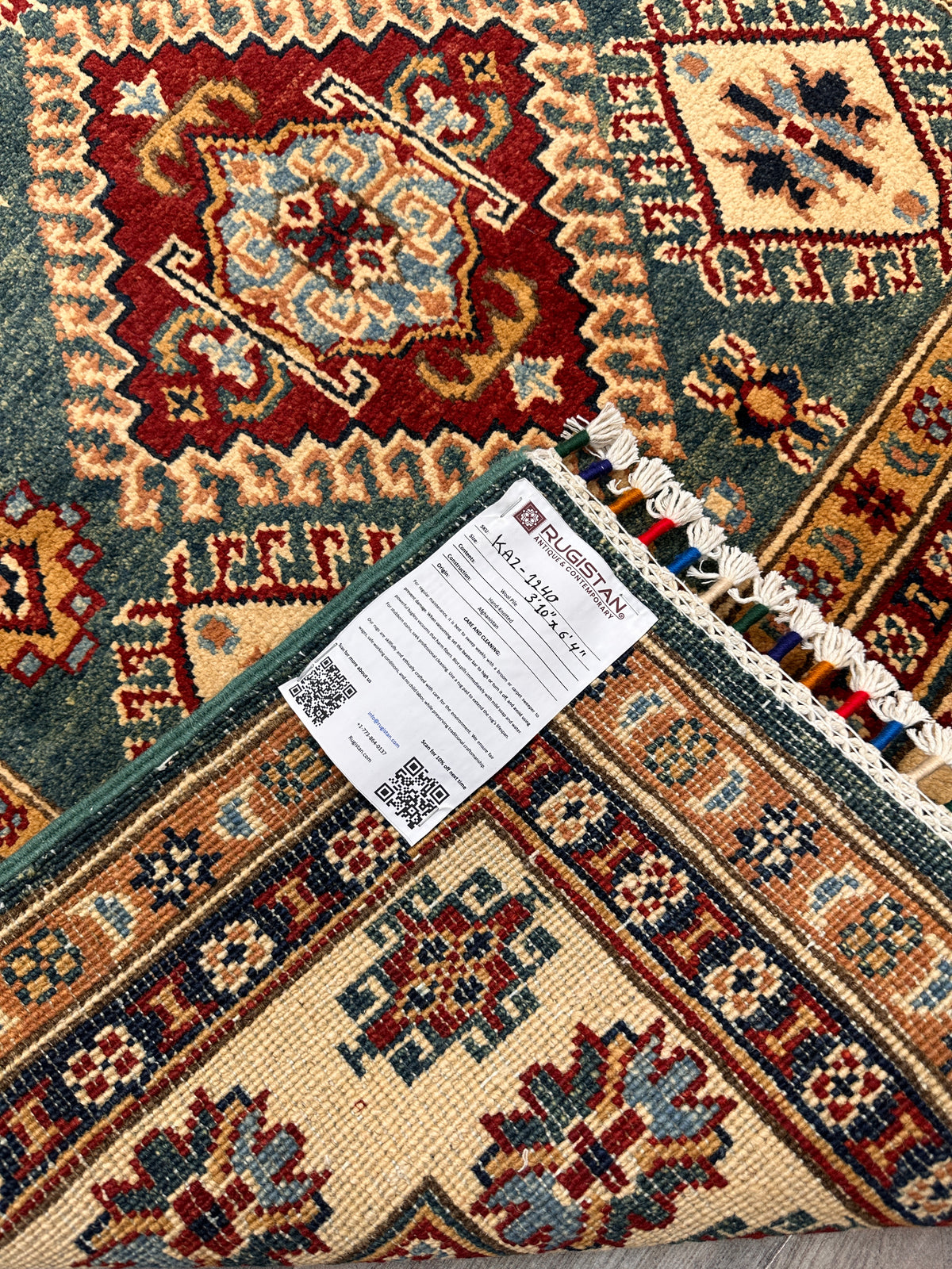 Afghan Kazak Rug 3'10" x 6'4", Hand-Knotted Wool, Teal, Red & Ivory, view 7
