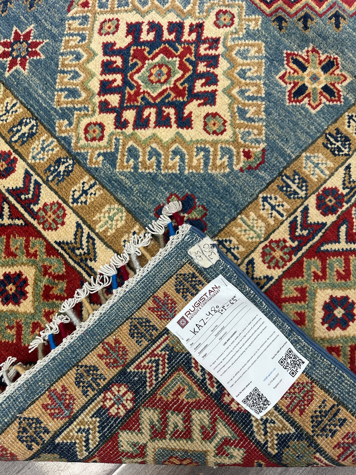 Afghan Kazak Rug 6x10, Light Blue, Red & Ivory, Hand-Knotted Wool, view 10