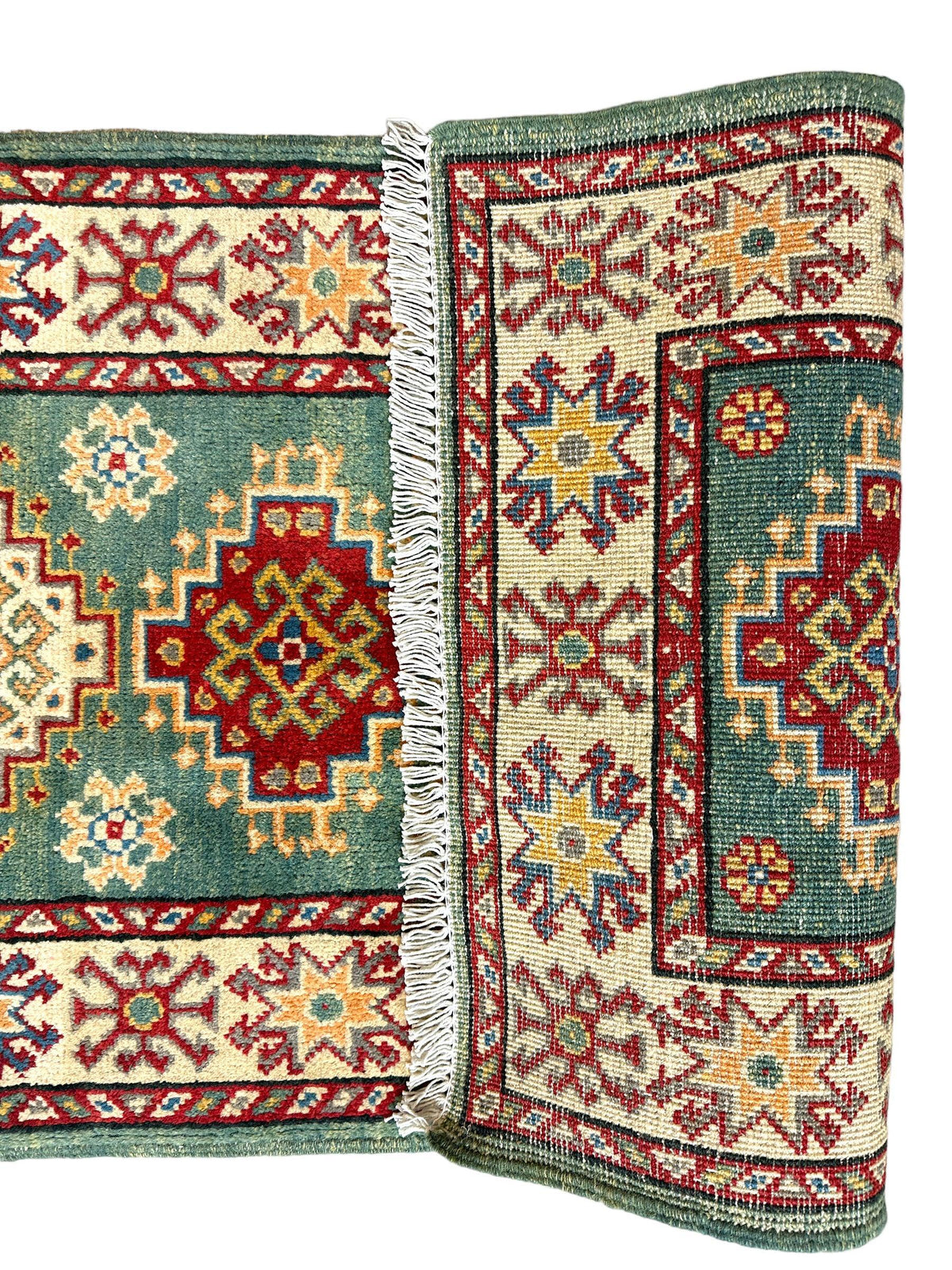 Afghan Super Kazak Runner 2'2" x 6', Hand-Knotted Wool, Beige & Green, view 6
