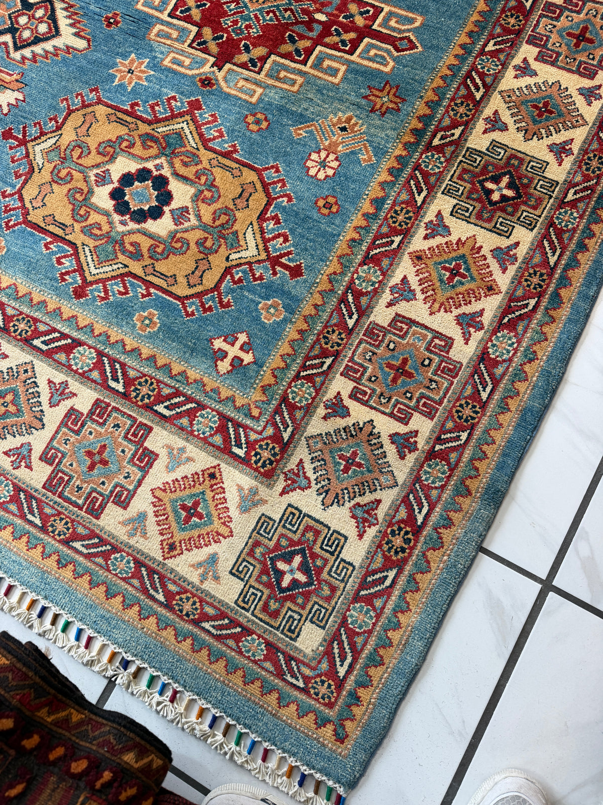 Afghan Kazak Rug 8'2" x 9'7", Hand-Knotted Wool, Blue, view 4