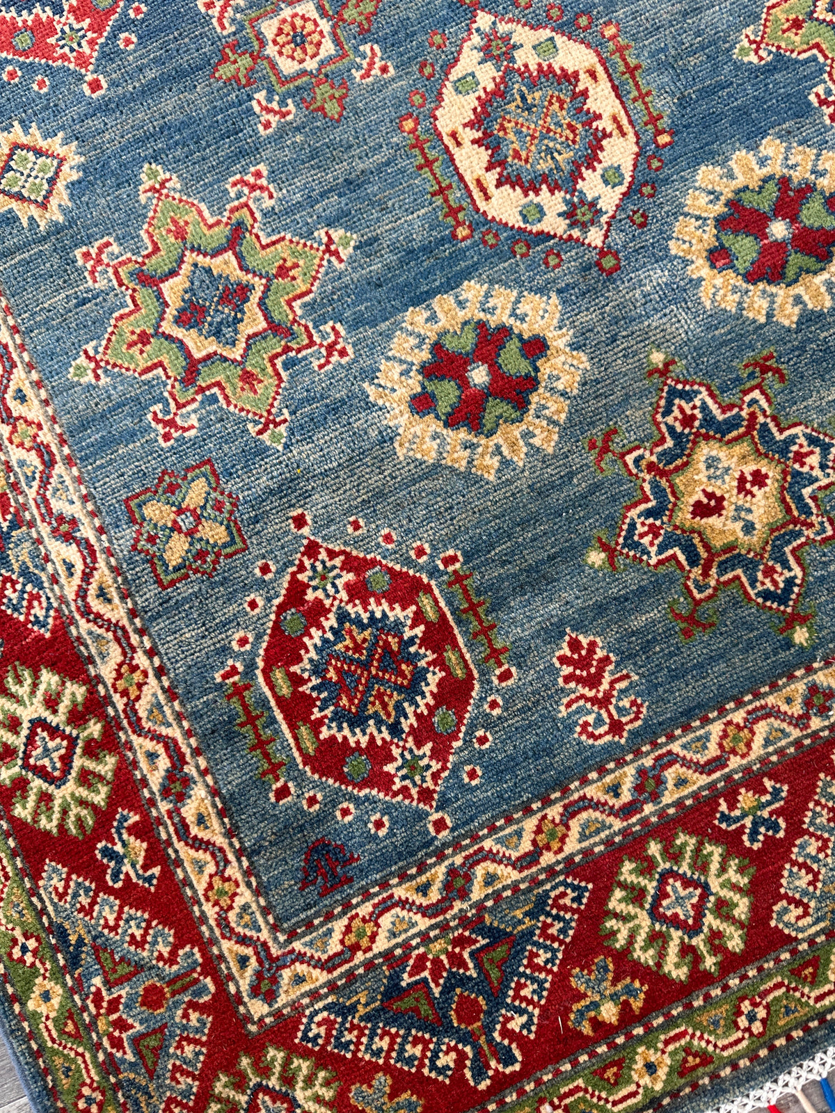 Afghan Kazak Rug 3'11" x 5'11", Hand-Knotted Wool, Blue, Red & Cream, view 5
