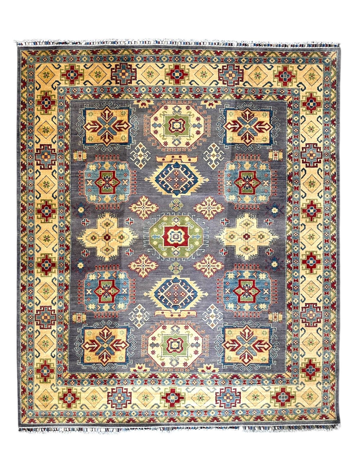 Afghan Kazak Rug 8x10, Gray, Gold & Light Blue, Hand-Knotted Wool