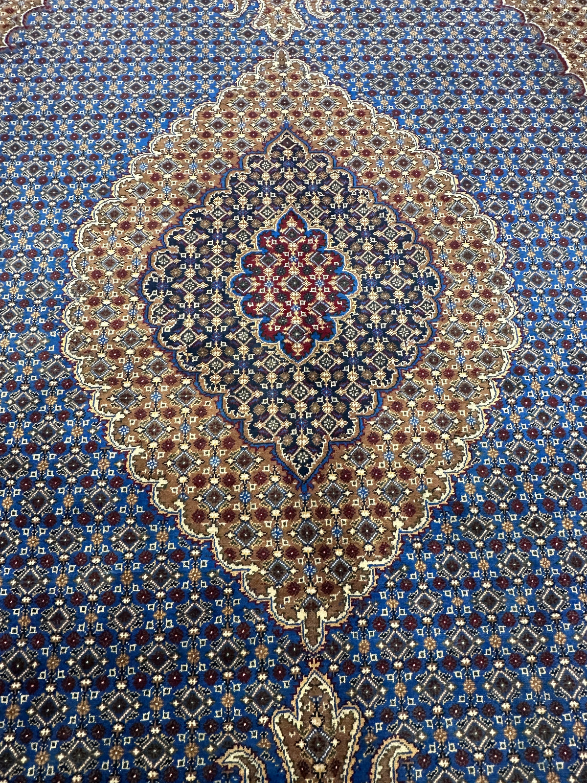 Afghan Tabriz Rug 8x11, Light Blue, Navy & Gold, Hand-Knotted Wool, view 9