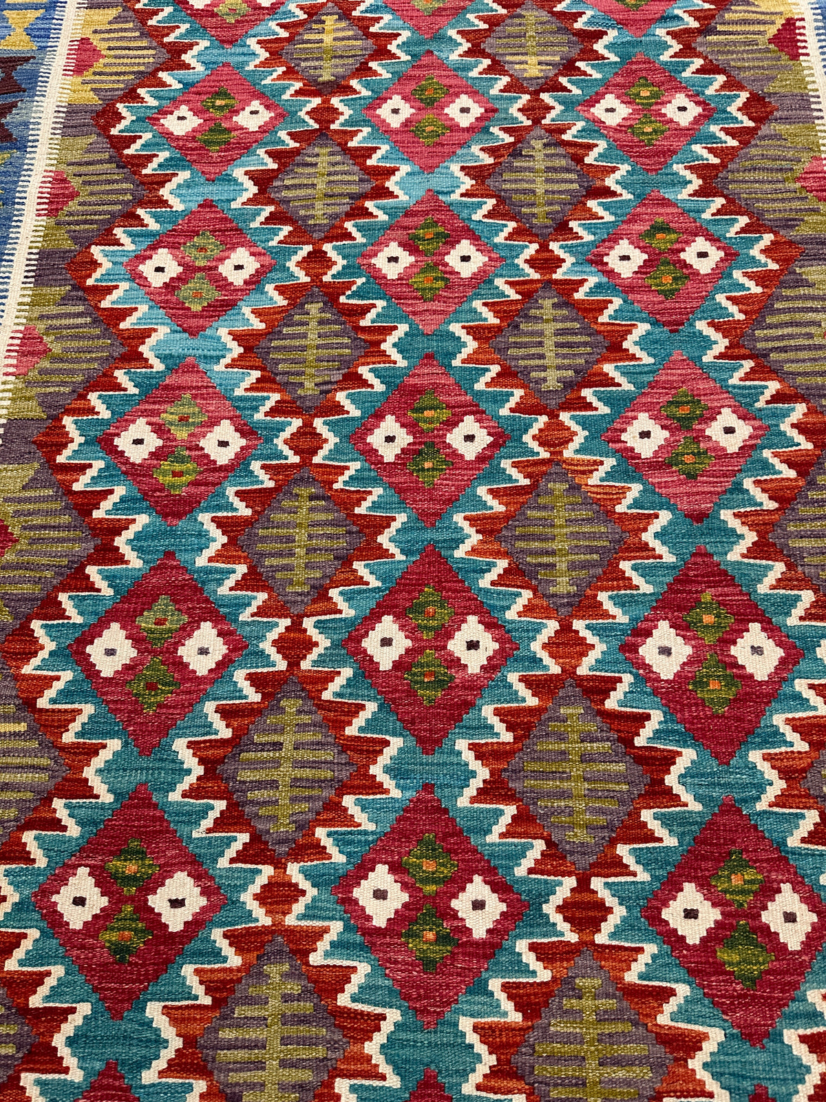 Afghan Kilim Rug 6x8, Red, Teal & Orange, Hand-Woven Wool Flatweave, view 4