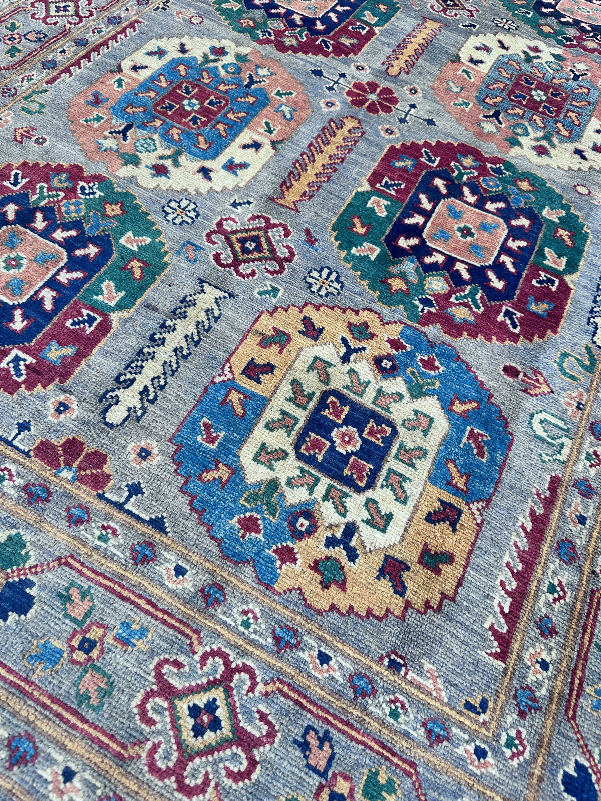 Afghan Kazak Rug 4'1" x 5'11", Hand-Knotted Wool, Gray, view 5
