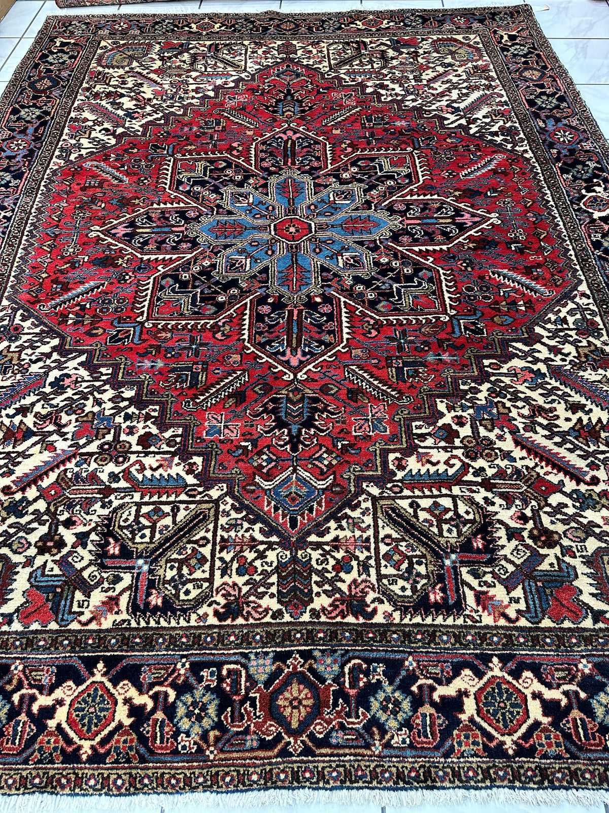 Vintage Persian Heriz Rug 9' x 11'10", Hand-Knotted Wool, 1960s, view 3