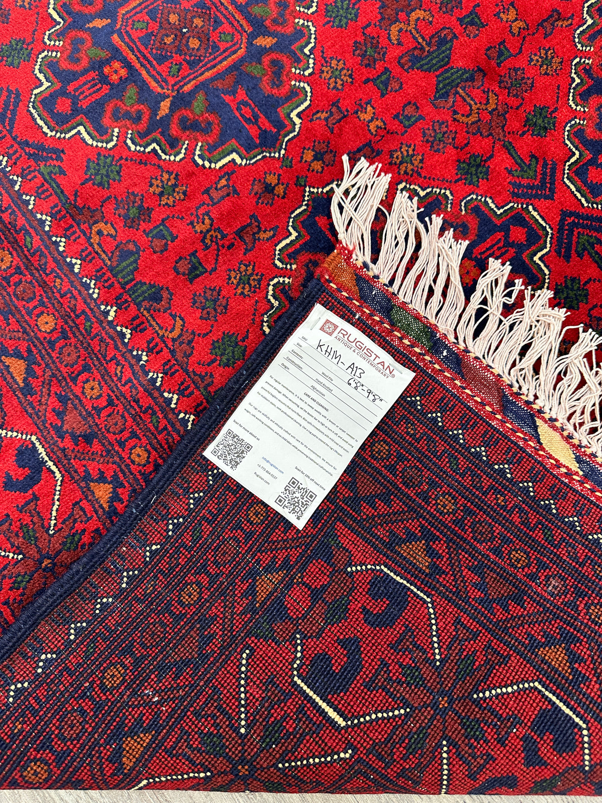 Afghan Khamyab Rug 6'8" x 10', Hand-Knotted Wool, Red, Navy & Black, view 7