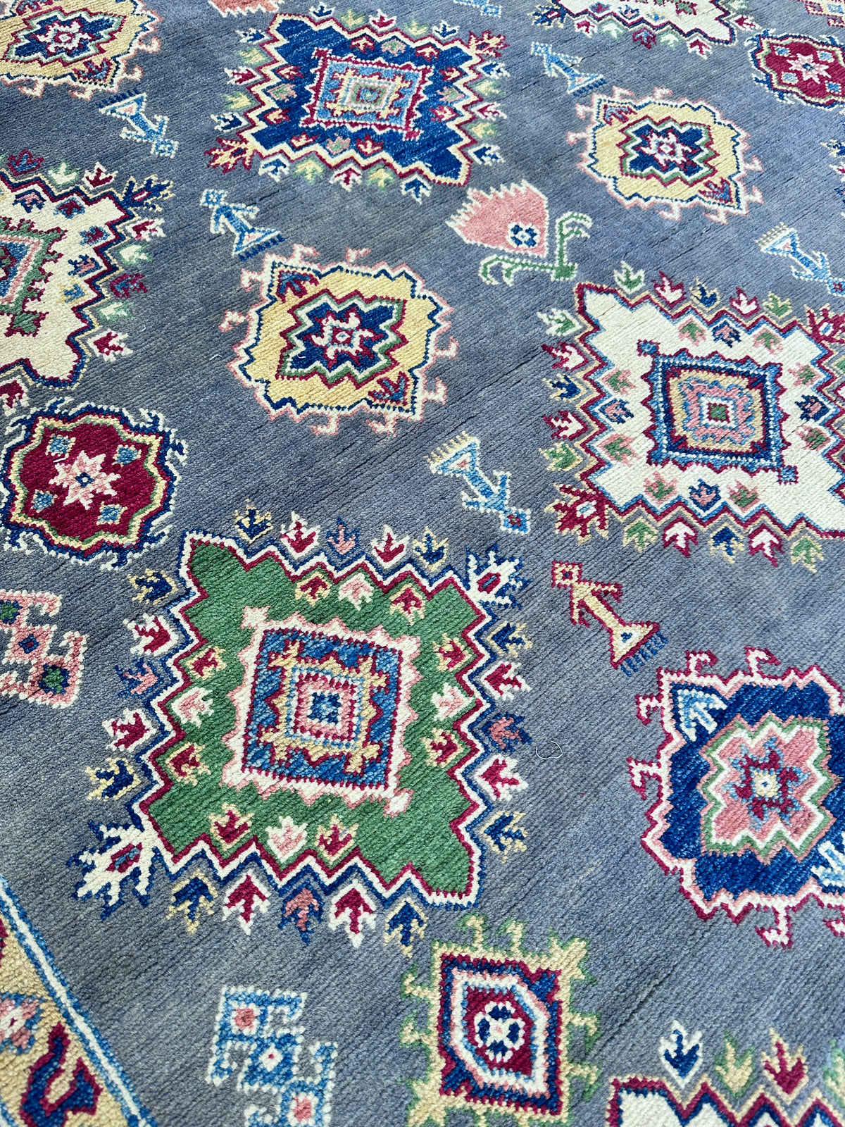 Afghan Kazak Rug 6'7" x 9'9", Hand-Knotted Wool, Gray, Blue & Red, view 5