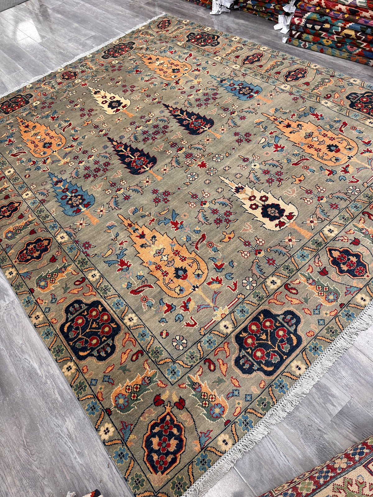 Afghan Kazak Rug 8x10, Gray, Orange & Navy, Hand-Knotted Wool, view 4