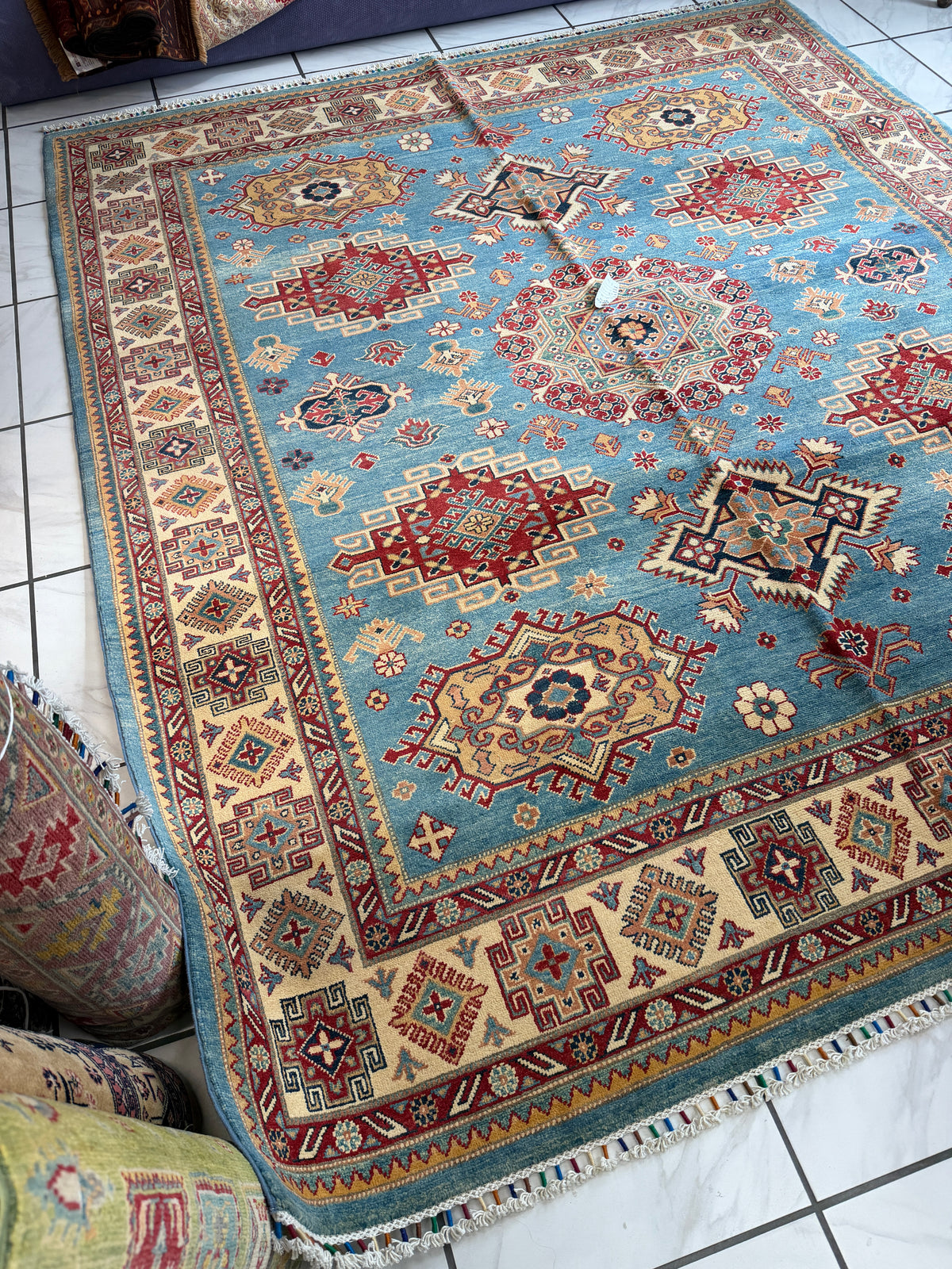 Afghan Kazak Rug 8'2" x 9'7", Hand-Knotted Wool, Blue, view 3