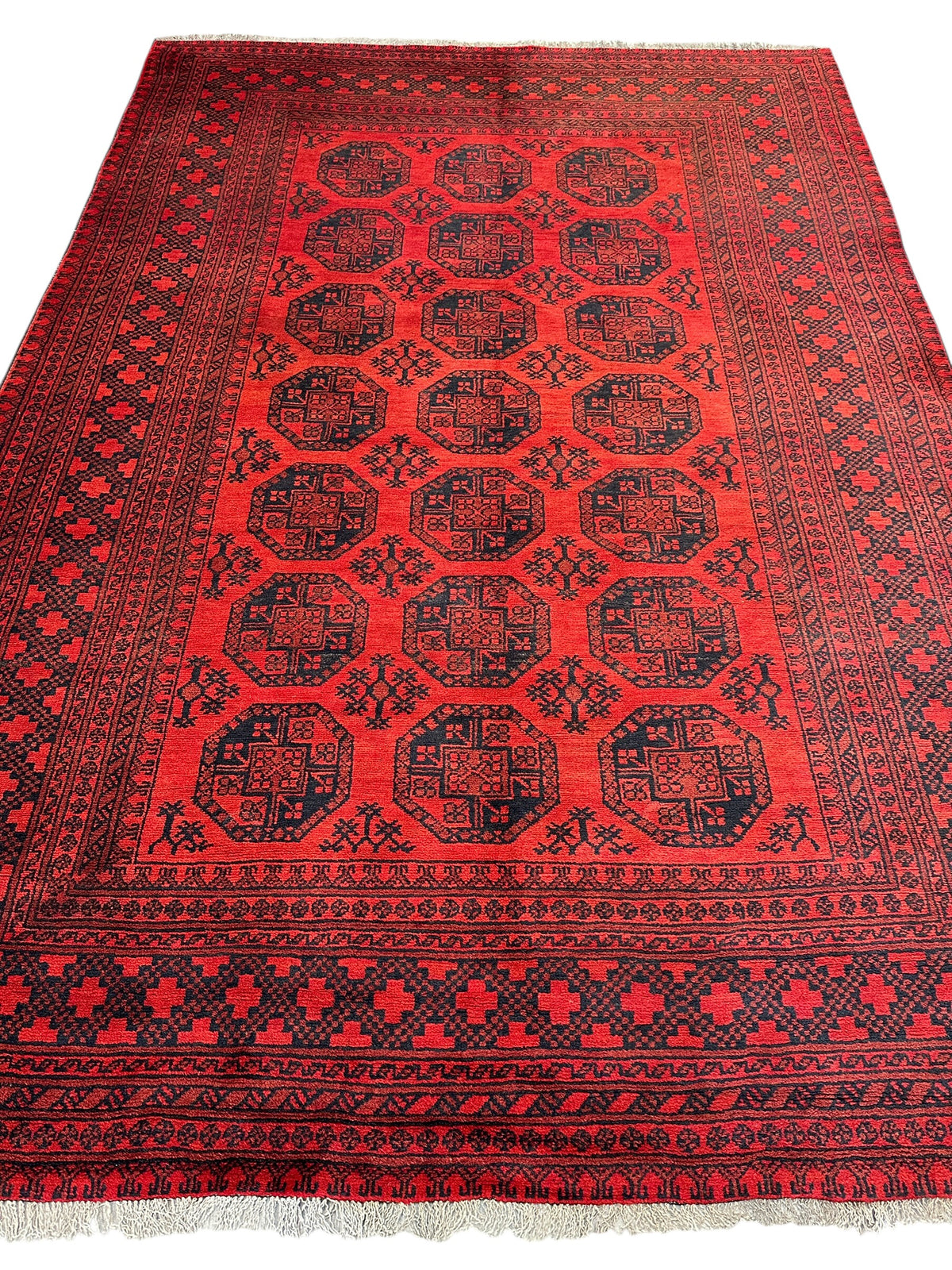 Afghan Bukhara Rug 6'5" x 9'1", Hand-Knotted Wool, Red & Blue, view 3