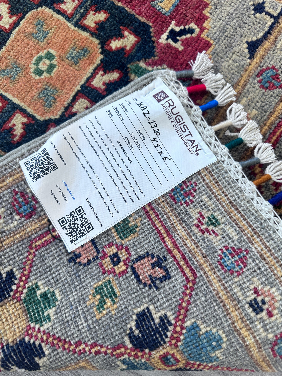 Afghan Kazak Rug 4'1" x 5'11", Hand-Knotted Wool, Gray, view 7