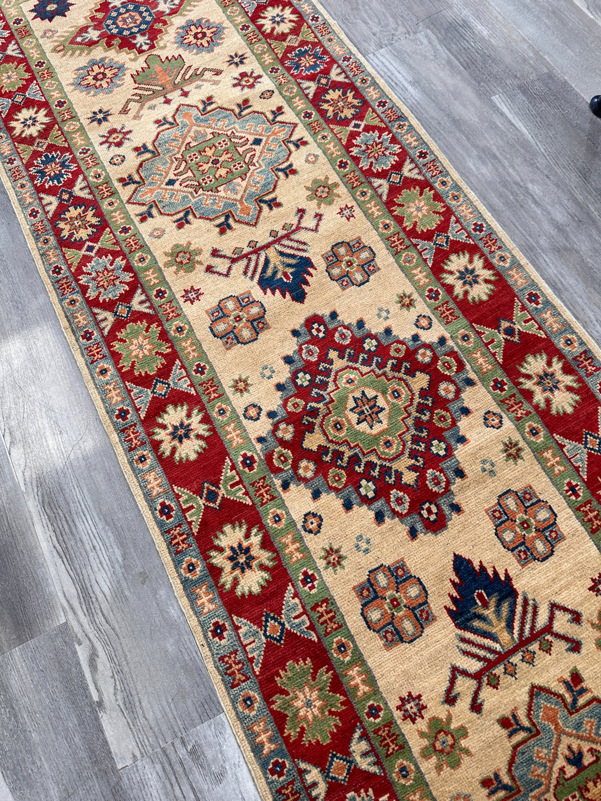 Afghan Kazak Runner 2'7" x 10'1", Hand-Knotted Wool, Cream, Red & Blue, view 5