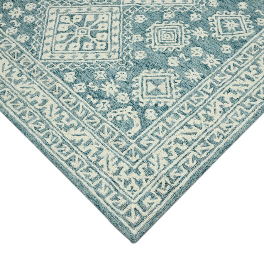 Indian Rug 8x11, Teal & Ivory, Hand-Tufted Wool, view 4
