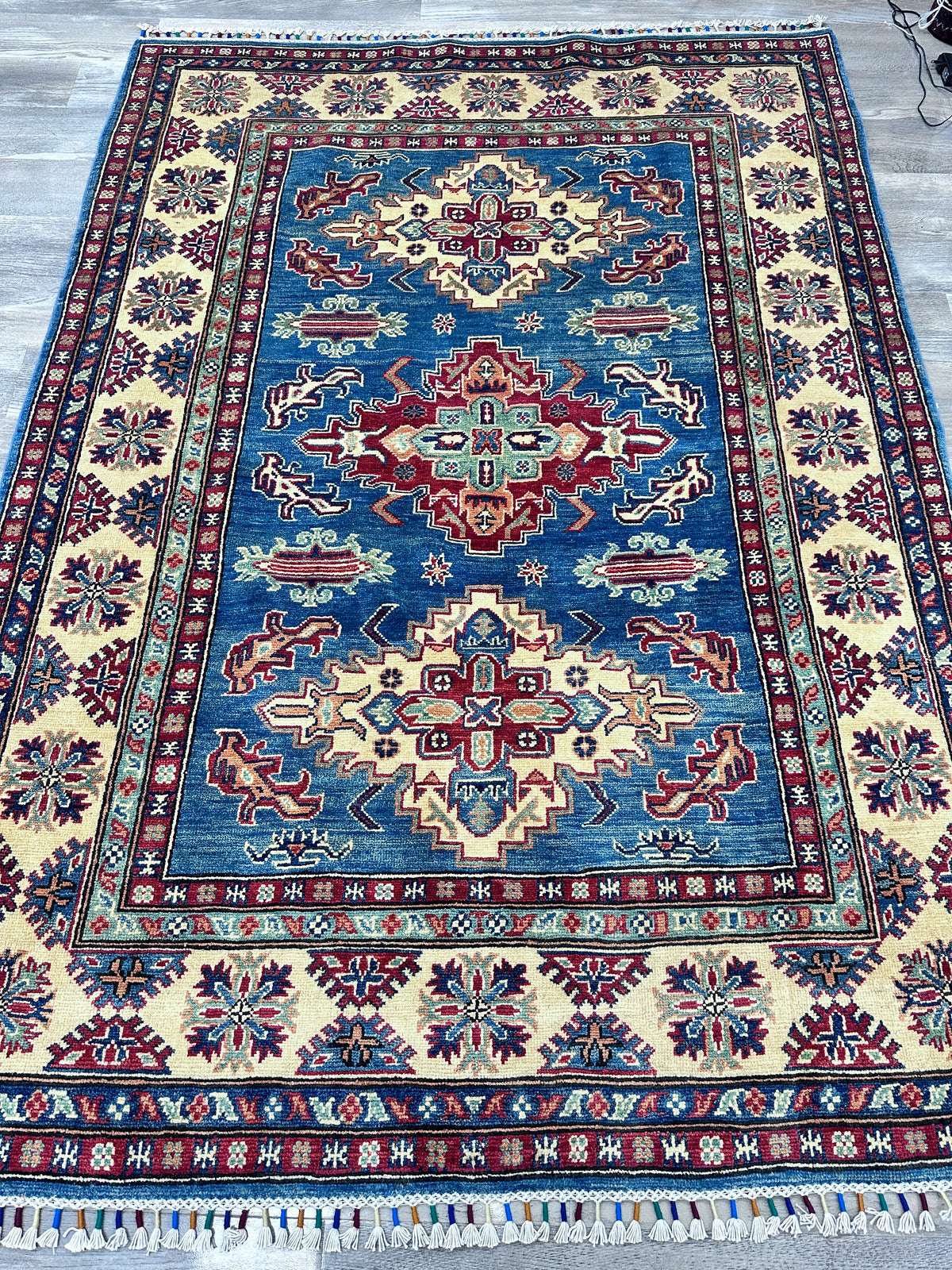 Afghan Kazak Rug 5' x 7', Hand-Knotted Wool, Blue & Red, view 3