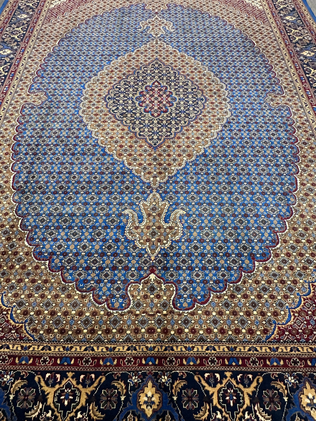 Afghan Tabriz Rug 8x11, Light Blue, Navy & Gold, Hand-Knotted Wool, view 7