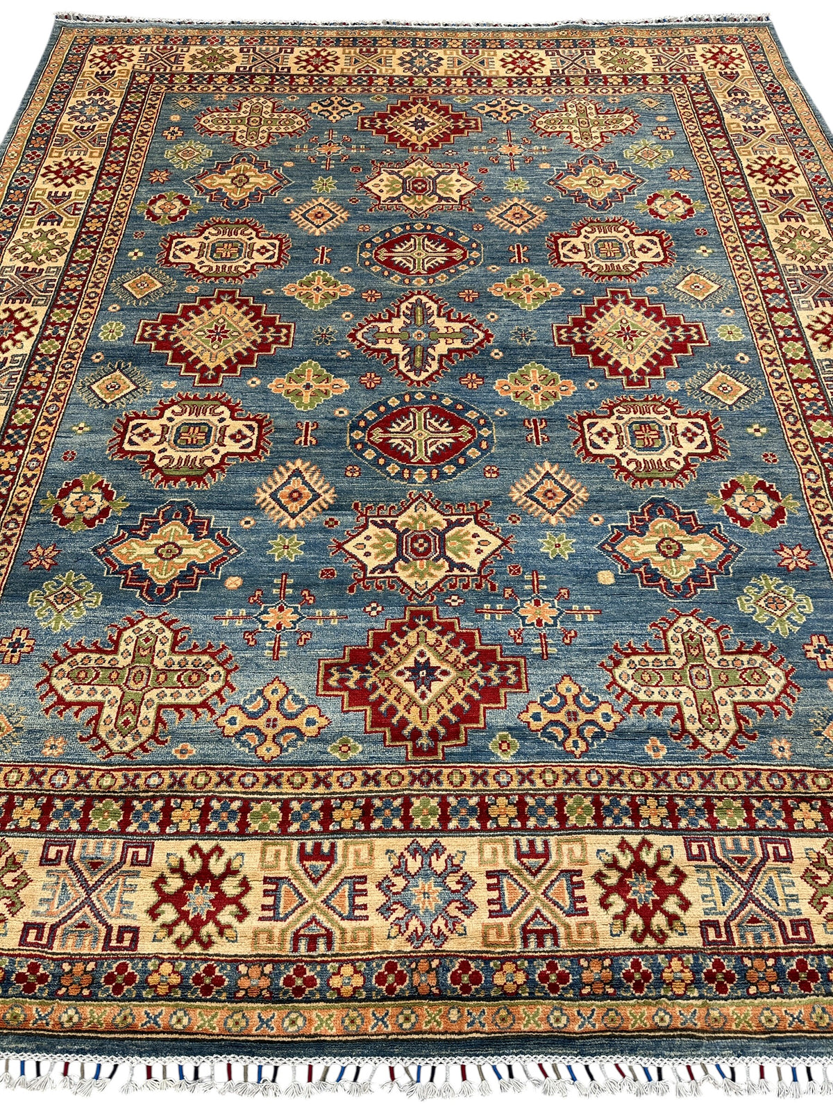 Afghan Kazak Rug 8'2" x 9'10", Hand-Knotted Wool, Blue, Cream & Red, view 3