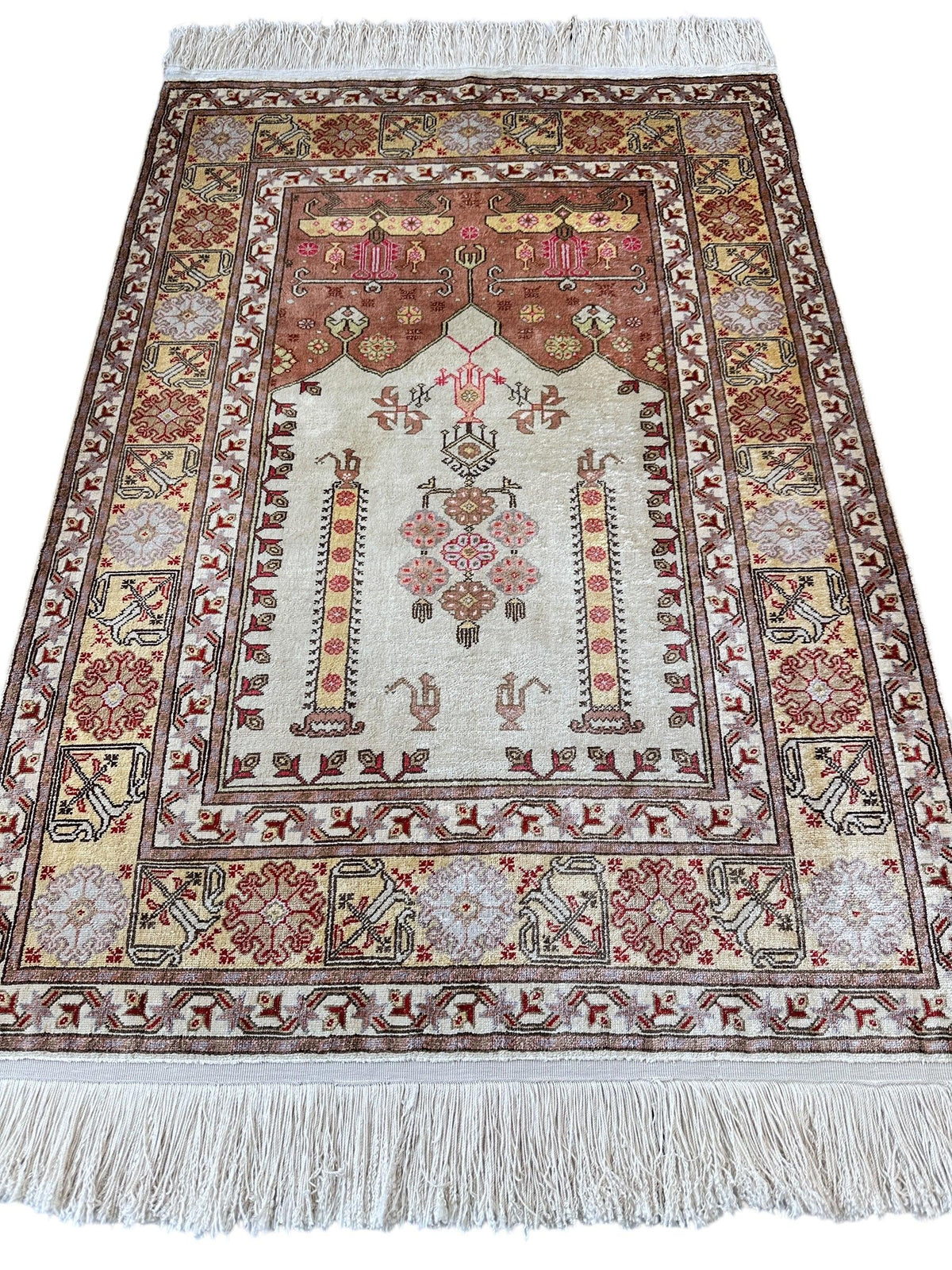 Vintage Turkish Kayseri Rug 26" x 36", Hand-Knotted Silk, 1980s, view 2