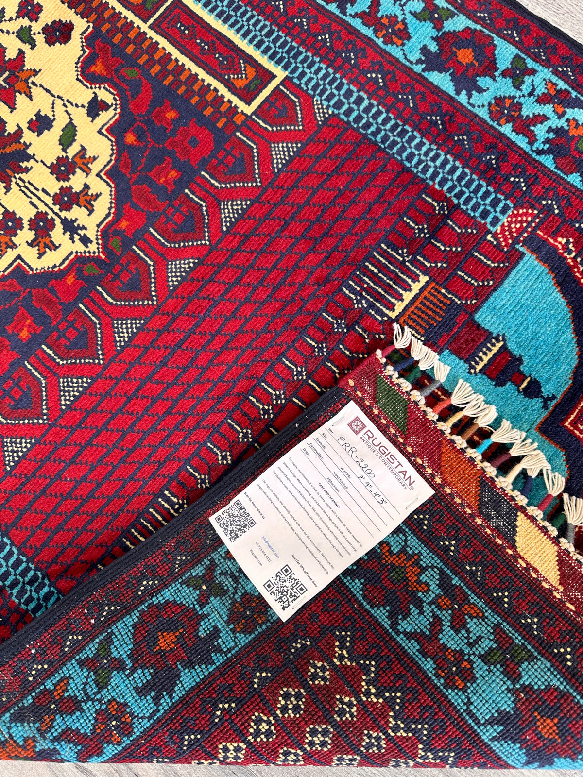 Afghan Prayer Rug 2'9" x 4'3", Hand-Knotted Wool, Red, Blue & Ivory, view 5
