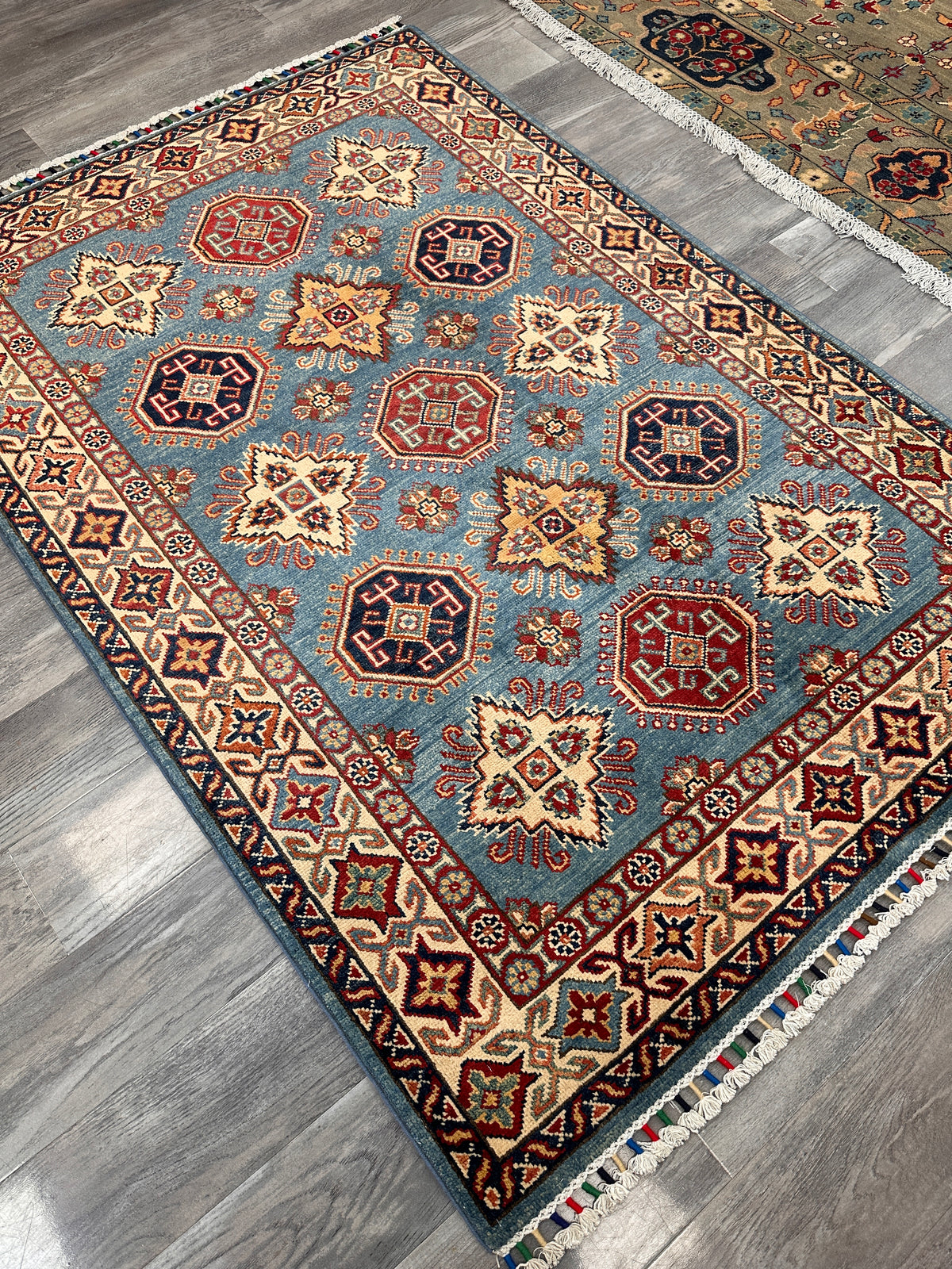 Afghan Kazak Stars Rug 4x6, Light Blue, Ivory & Red, Hand-Knotted Wool, view 4