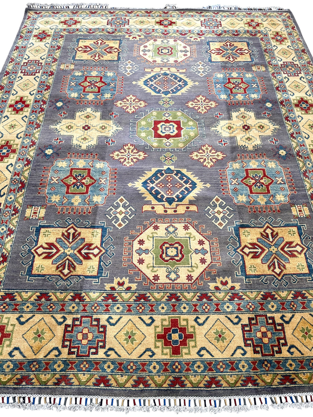 Afghan Kazak Rug 8x10, Gray, Gold & Light Blue, Hand-Knotted Wool, view 3