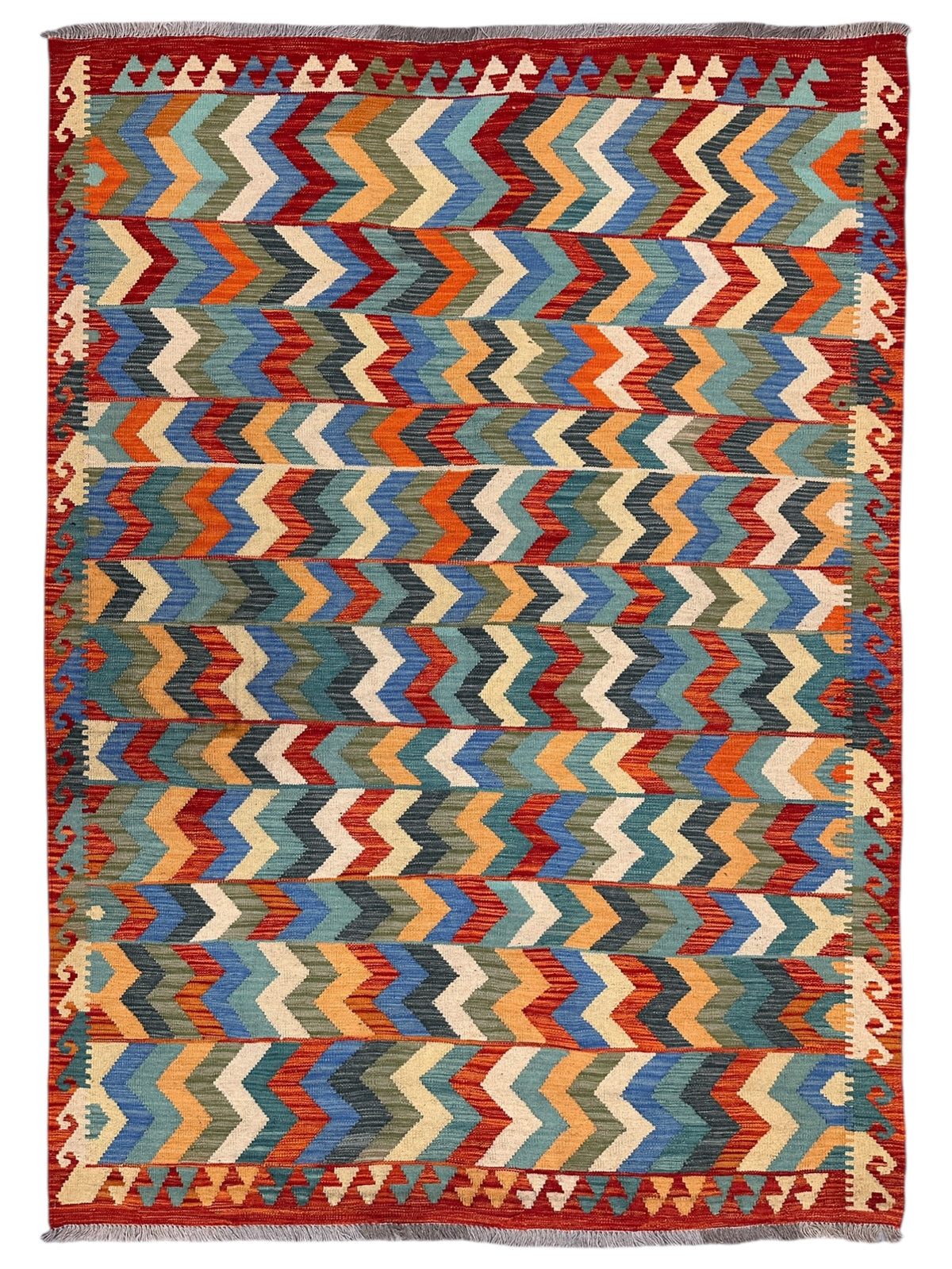 Afghan Kilim Rug 6x8, Red, Blue & Teal, Hand-Woven Wool Flatweave