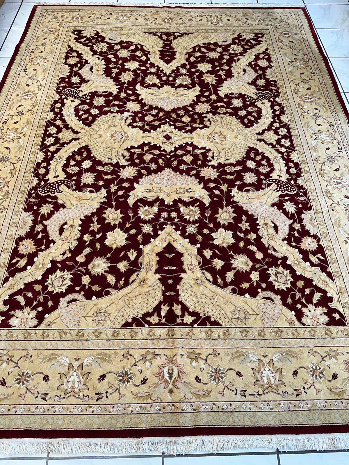 Pakistani Chobi Rug 9x12, Burgundy, Beige & Ivory, Hand-Knotted Wool, view 2