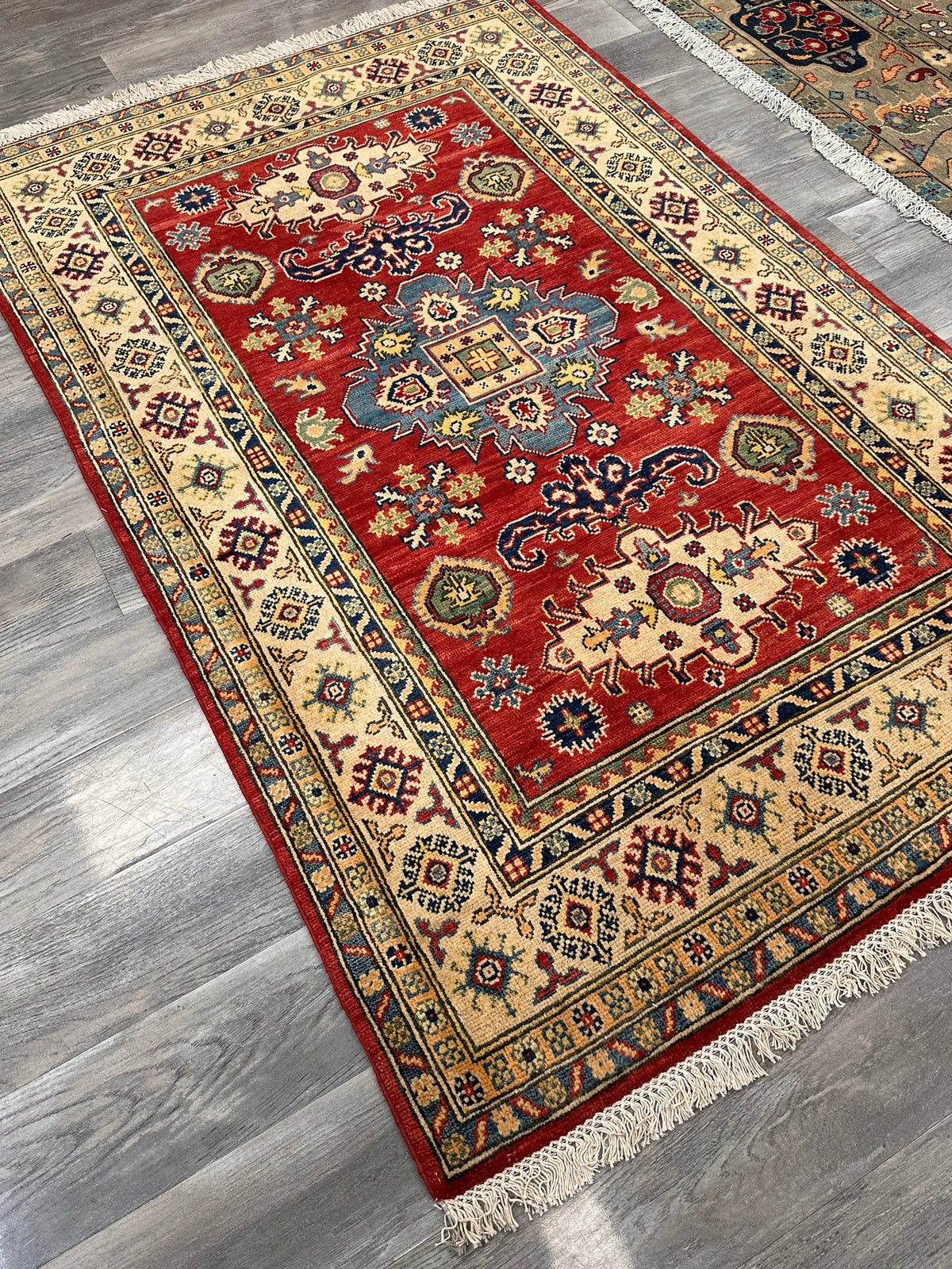 Afghan Kazak Rug 4'1" x 5'10", Hand-Knotted Wool, Red, Navy & Ivory, view 5