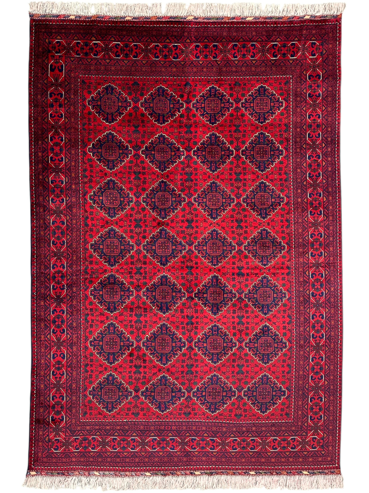 Afghan Khamyab Rug 6'8" x 10', Hand-Knotted Wool, Red, Navy & Black