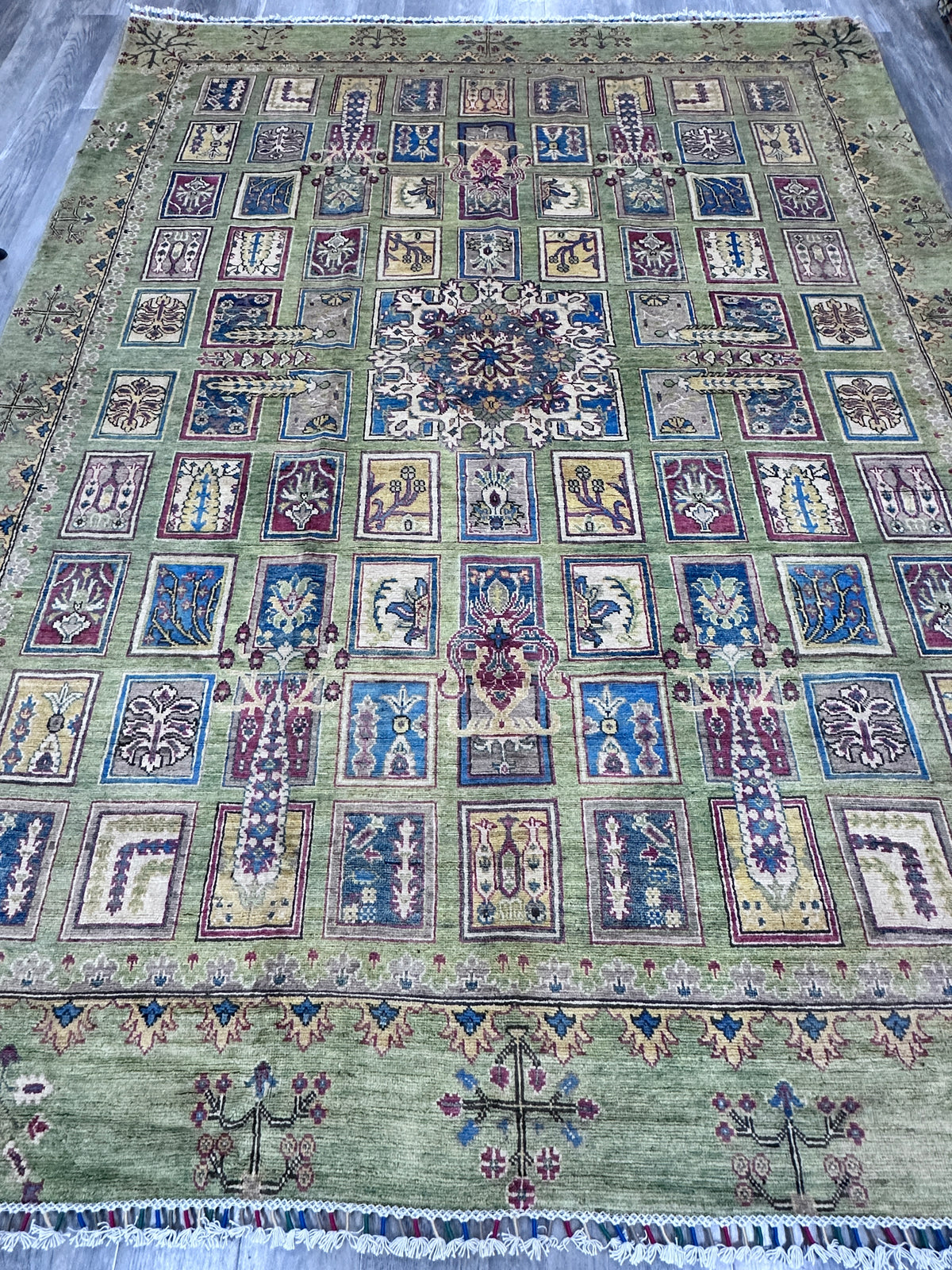 Afghan Kazak Rug 8x10, Green, Blue & Ivory, Hand-Knotted Wool, view 3