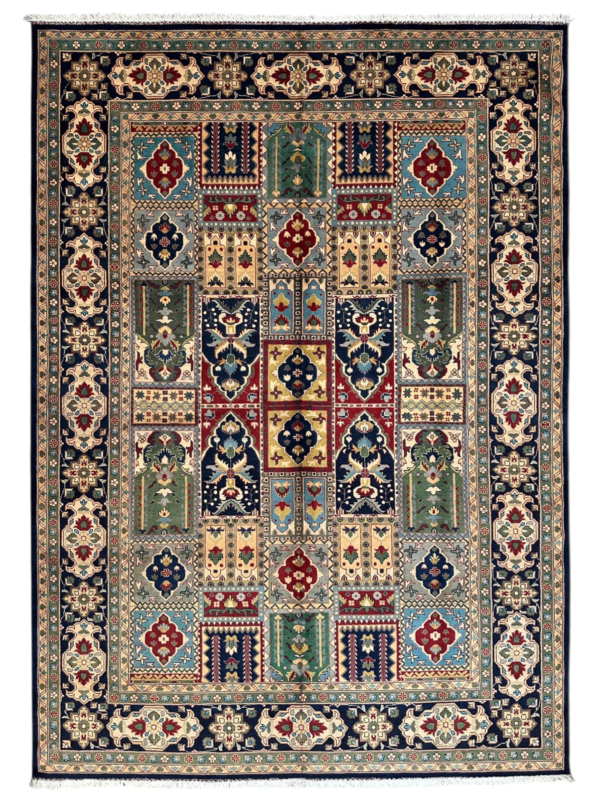 Afghan Bakhtiari Rug 7x10, Navy, Beige & Light Blue, Hand-Knotted Wool