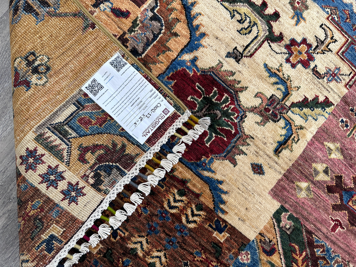 Afghan Gabbeh Rug 4x6, Red, Gold & Blue, Hand-Knotted Wool, view 6