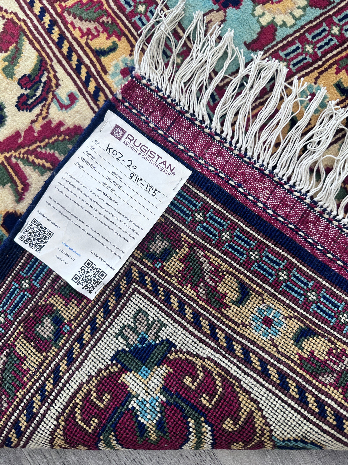 Afghan Rug 10x13, Navy, Light Blue & Ivory, Hand-Knotted Wool, view 11