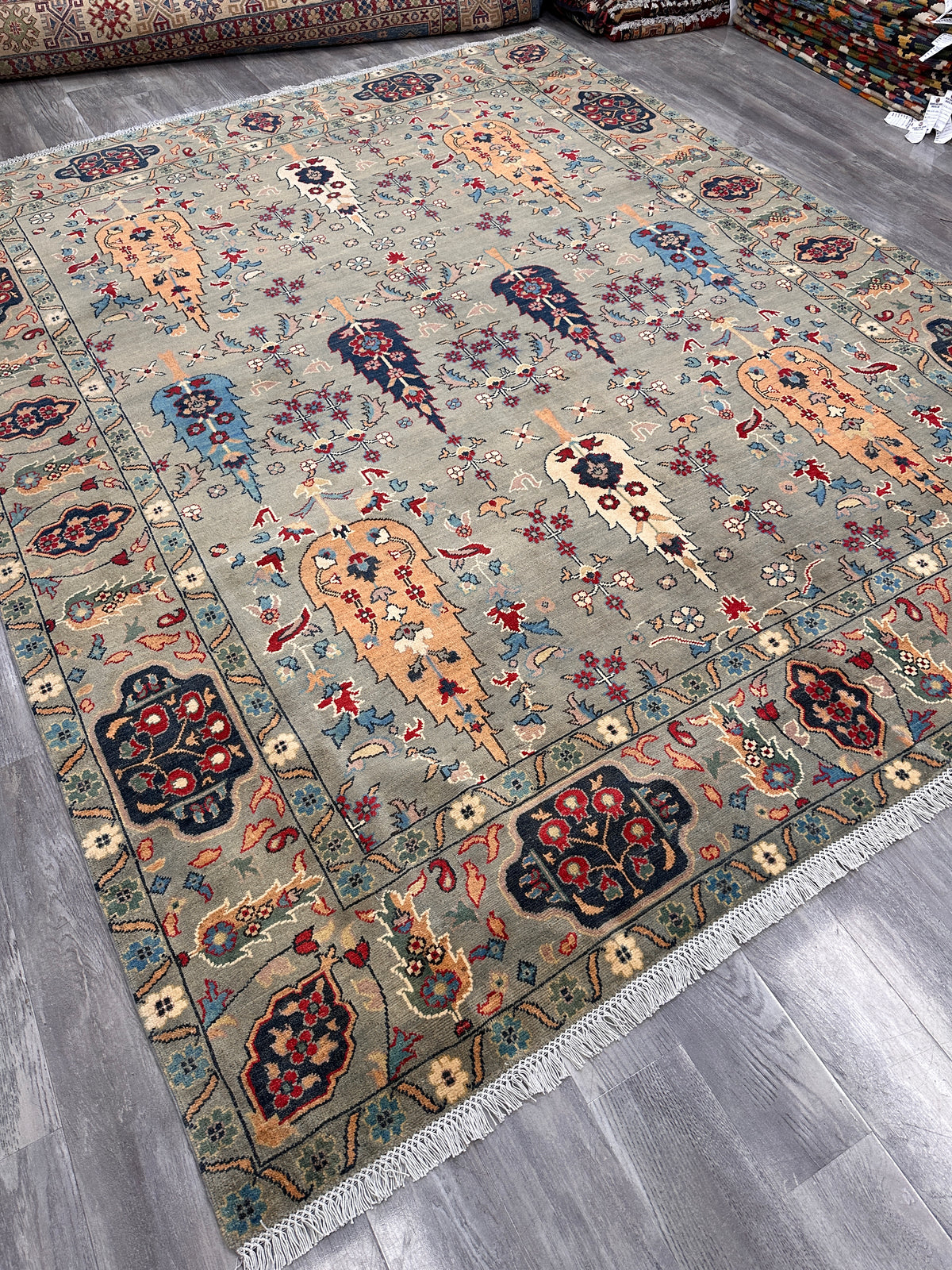 Afghan Kazak Rug 8x10, Gray, Orange & Navy, Hand-Knotted Wool, view 5