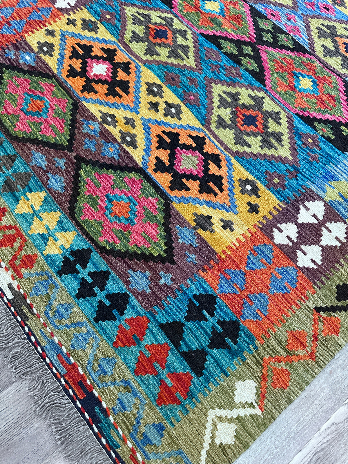 Afghan Kilim Rug 5x7, Teal, Black & Yellow, Hand-Woven Wool Flatweave, view 5
