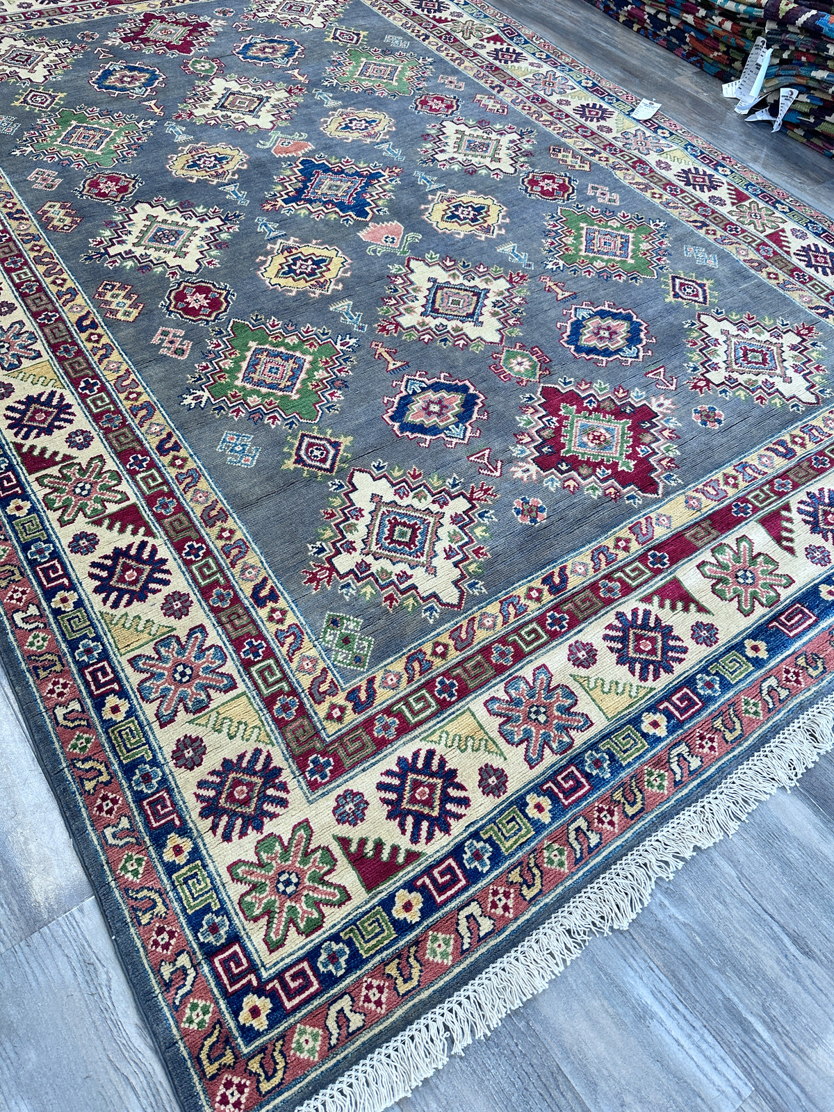 Afghan Kazak Rug 6'7" x 9'9", Hand-Knotted Wool, Gray, Blue & Red, view 4