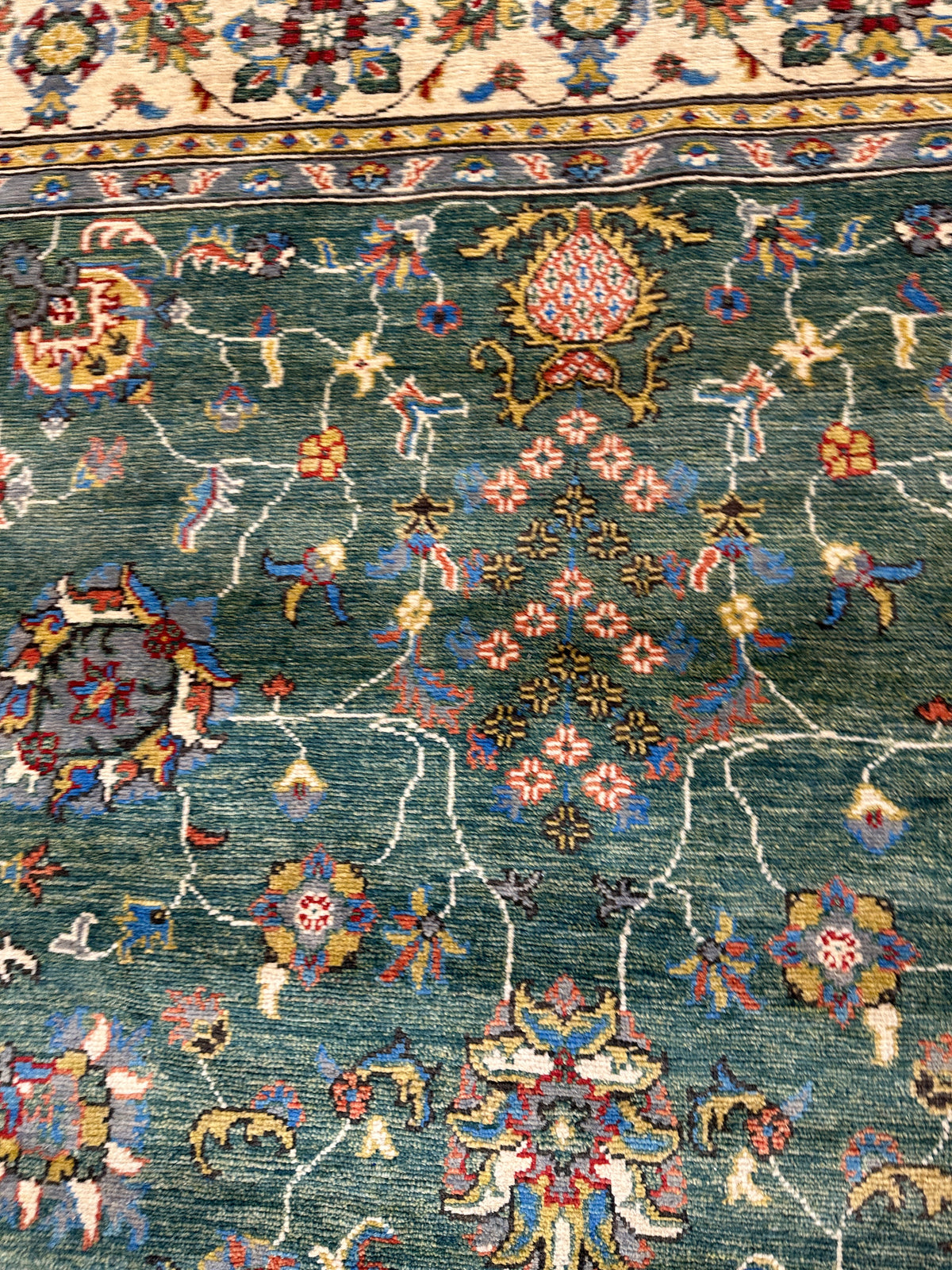 Afghan Kazak Sultani Rug 6'6" x 9'9", Hand-Knotted Wool, Cream & Green, view 7