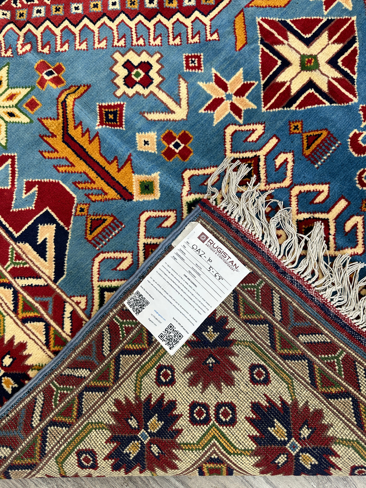Afghan Kazak Rug 5' x 6'8", Hand-Knotted Wool, Blue & Cream, view 6