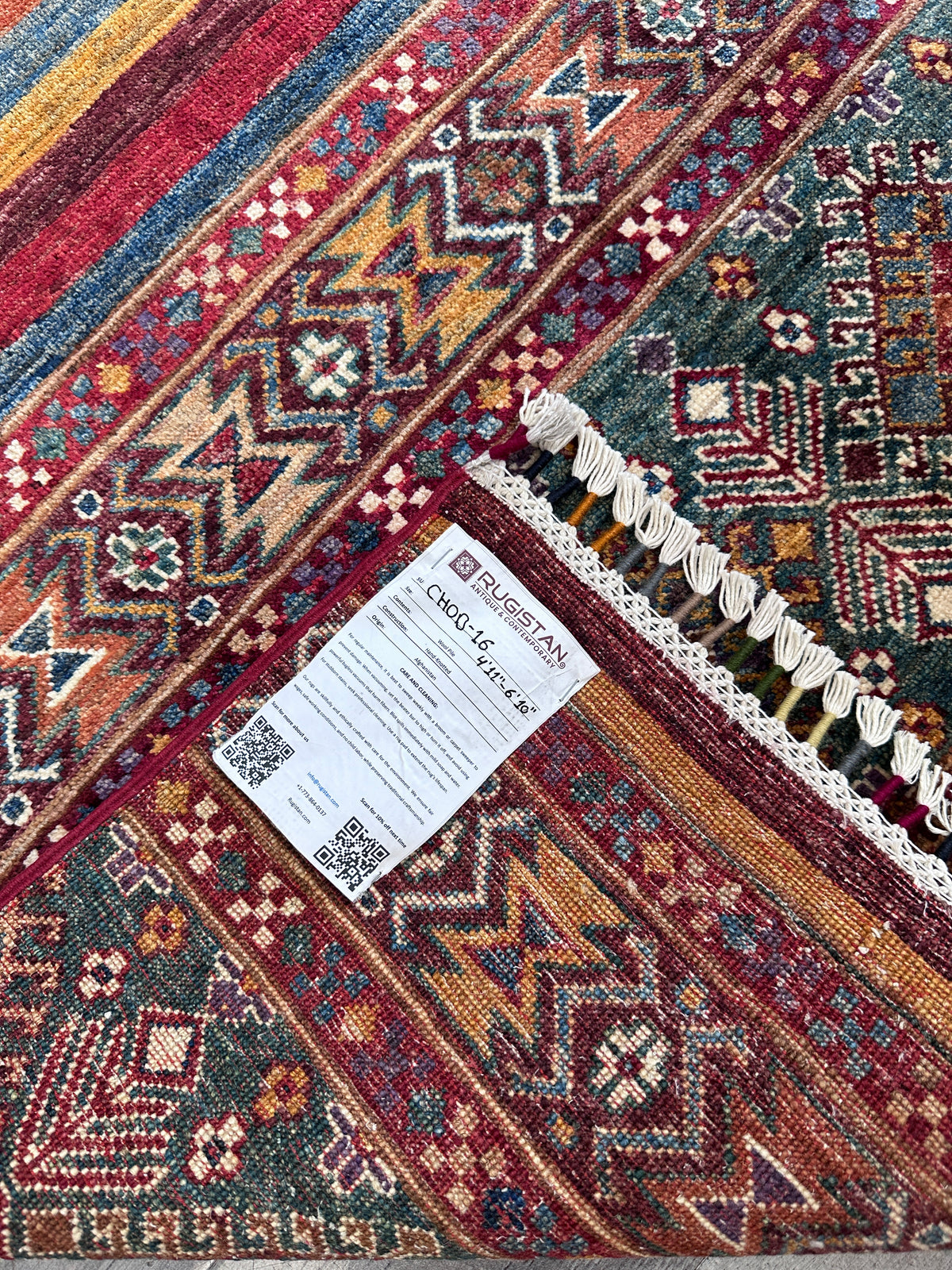 Afghan Khorjin Rug 4'11" x 6'10", Hand-Knotted Wool, Red, Blue & Green, view 8