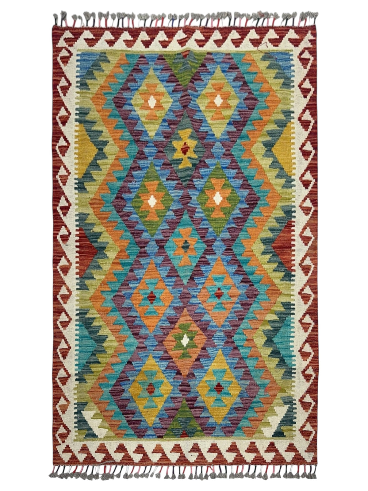 Afghan Kilim Rug 3x5, Rust, Ivory & Teal, Hand-Woven Wool Flatweave