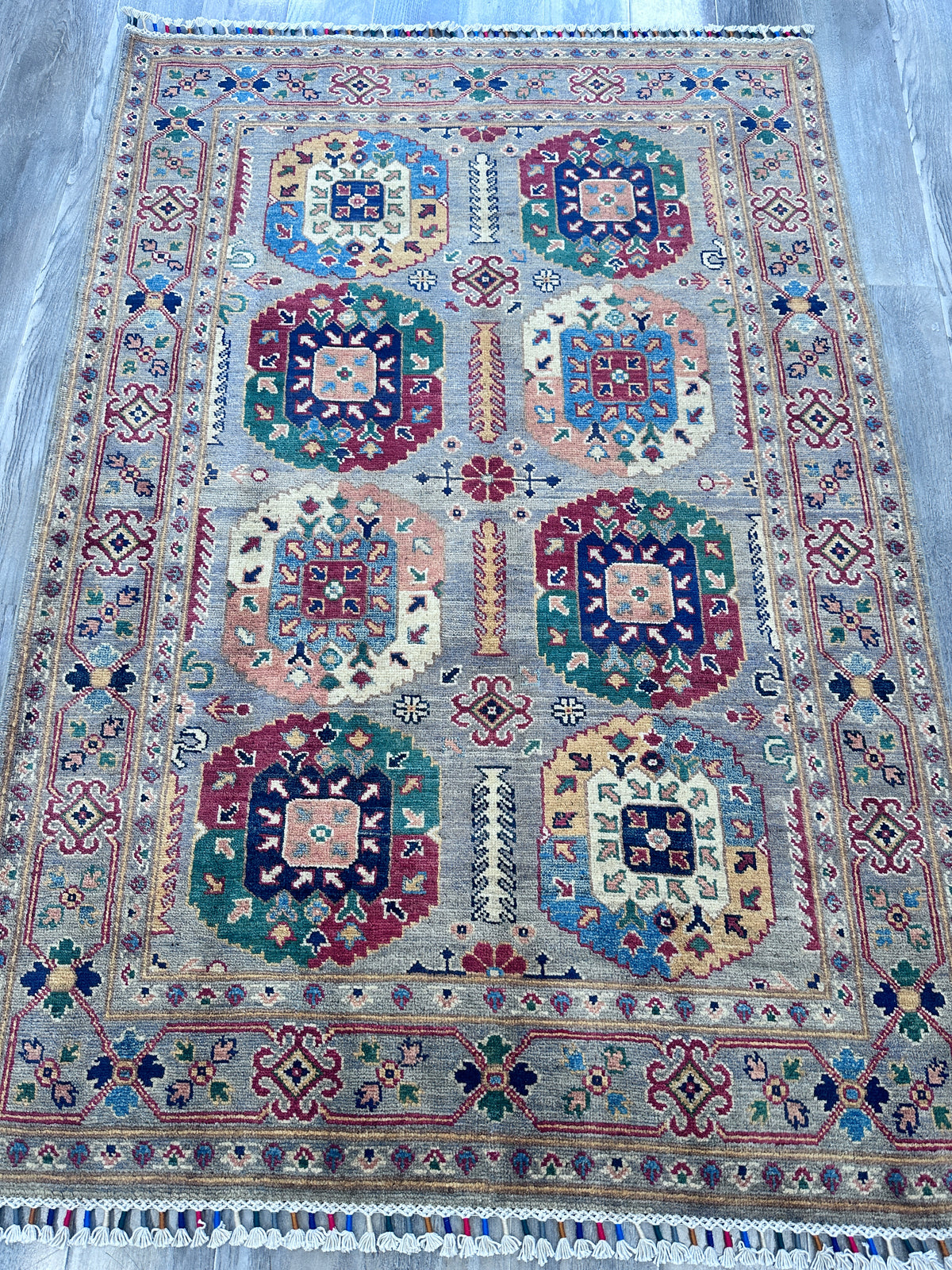 Afghan Kazak Rug 4'1" x 5'11", Hand-Knotted Wool, Gray, view 3