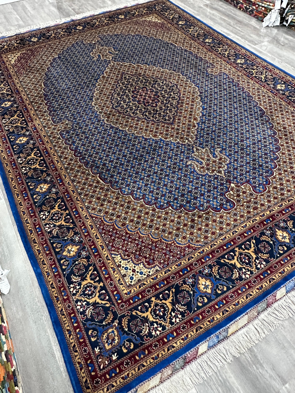 Afghan Tabriz Rug 8x11, Light Blue, Navy & Gold, Hand-Knotted Wool, view 4