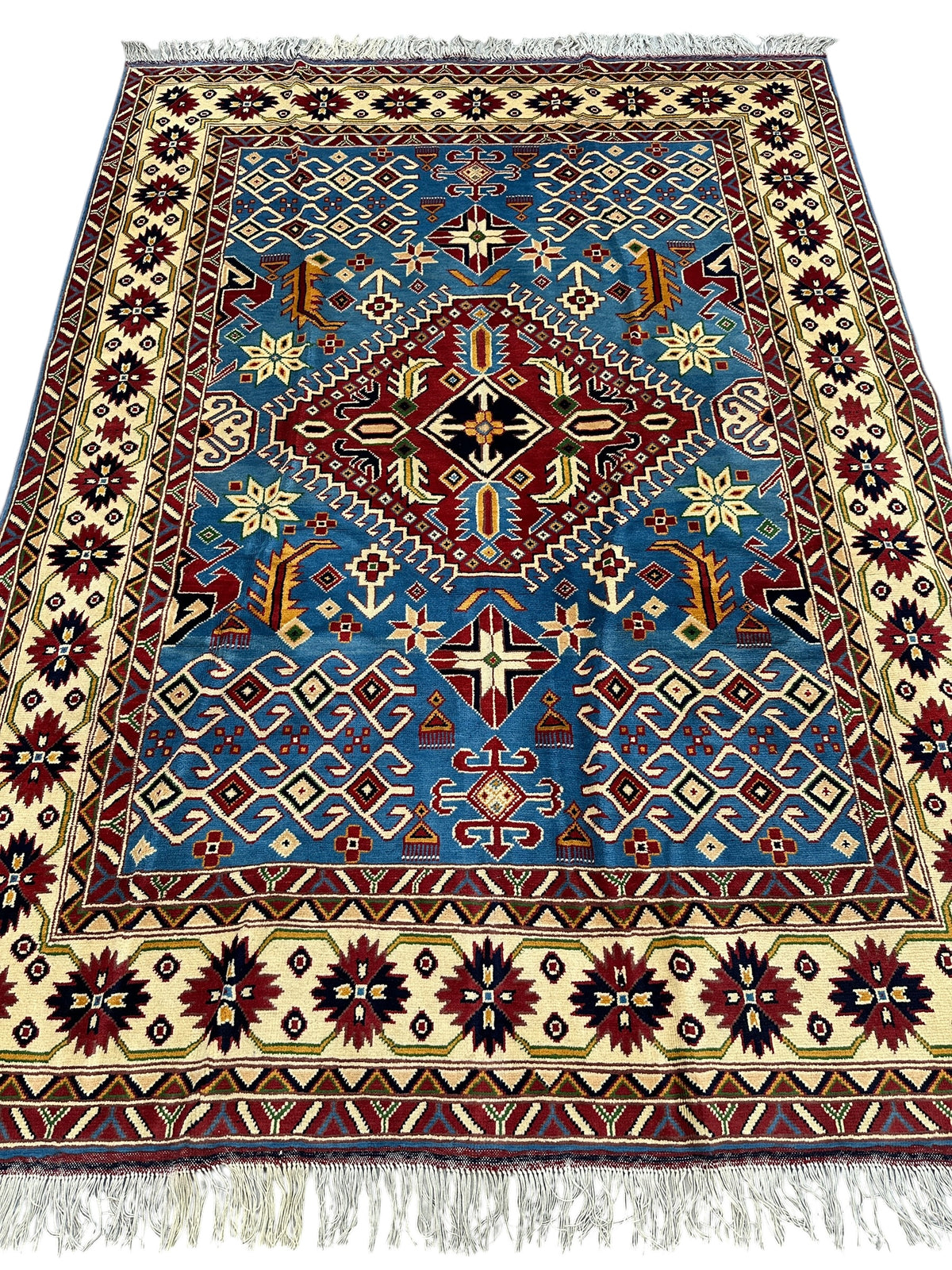 Afghan Kazak Rug 5' x 6'8", Hand-Knotted Wool, Blue & Cream, view 3