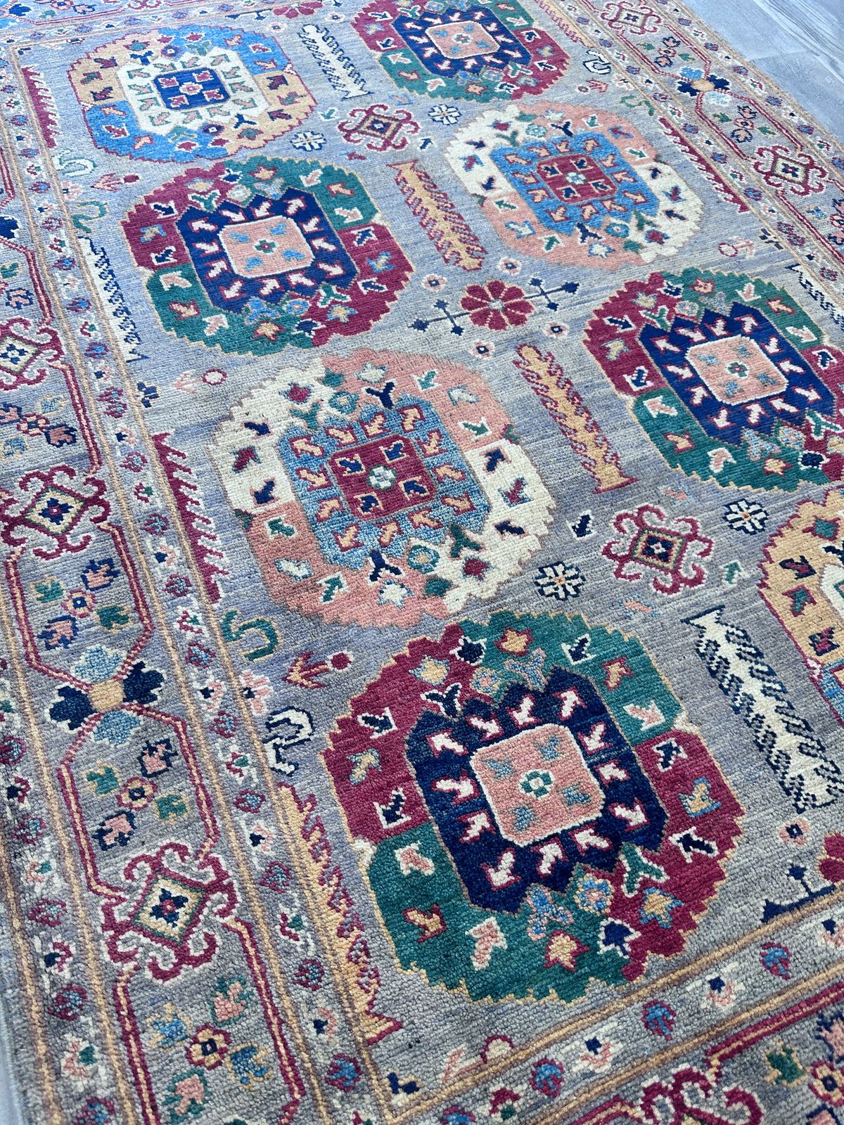Afghan Kazak Rug 4'1" x 5'11", Hand-Knotted Wool, Gray, view 6