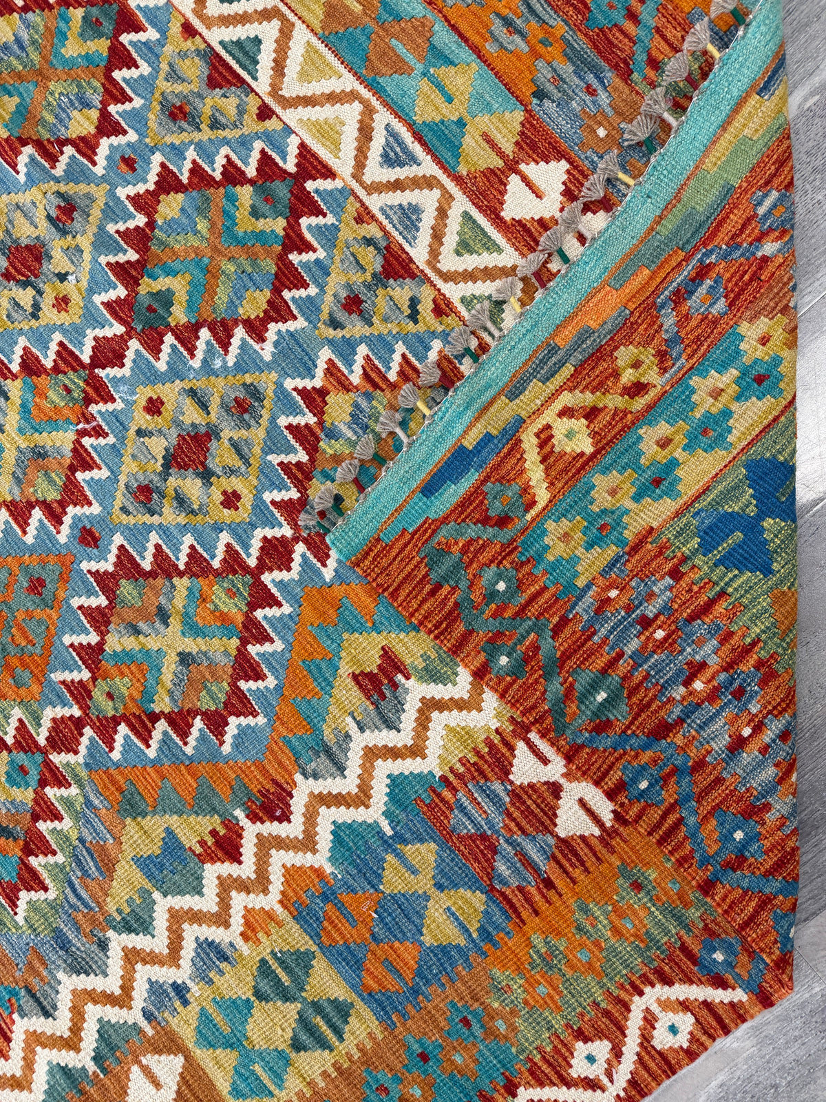 Afghan Kilim Rug 7x10, Rust, Teal & Orange, Hand-Woven Wool Flatweave, view 6
