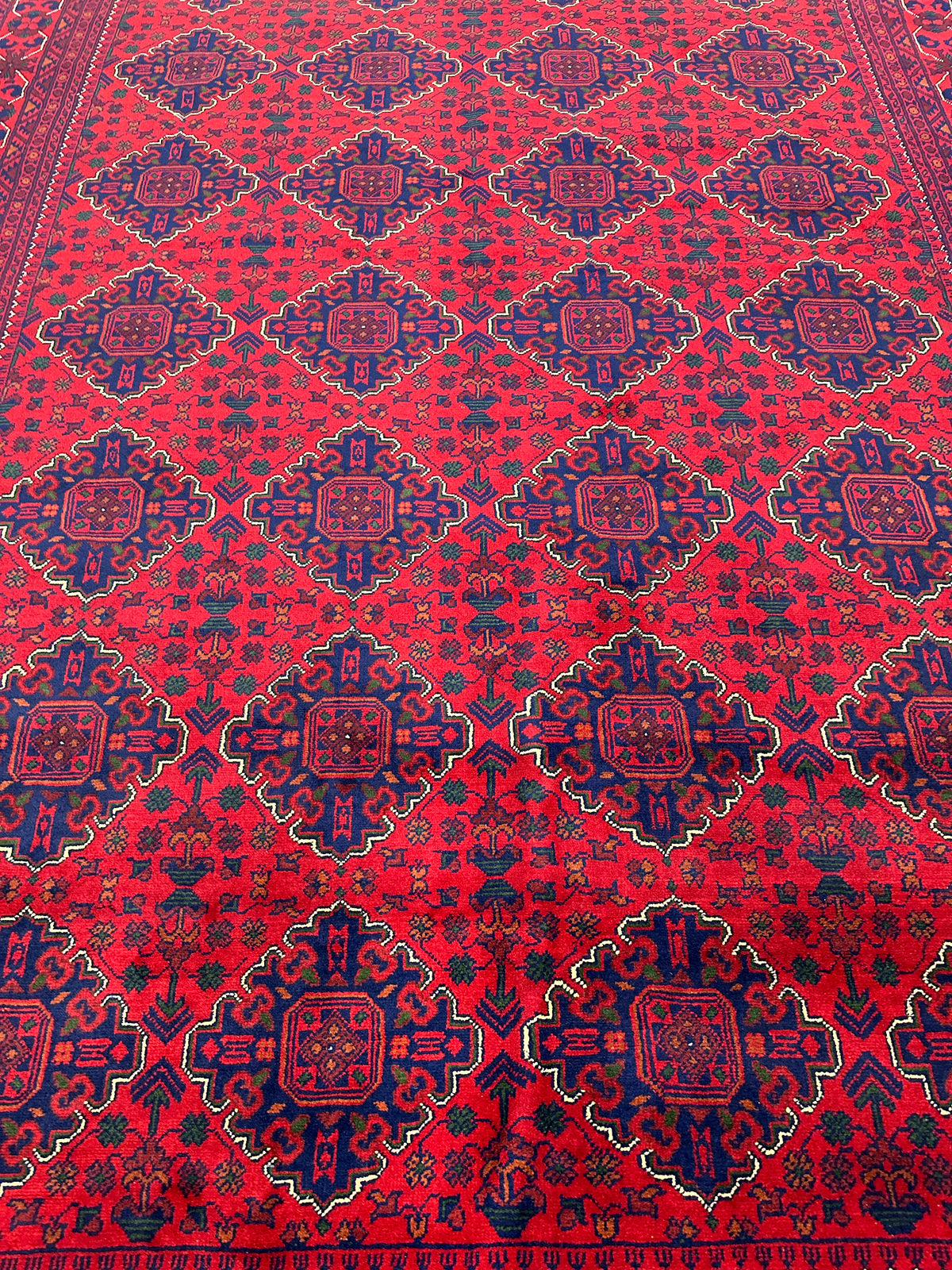 Afghan Khamyab Rug 6'8" x 10', Hand-Knotted Wool, Red, Navy & Black, view 6