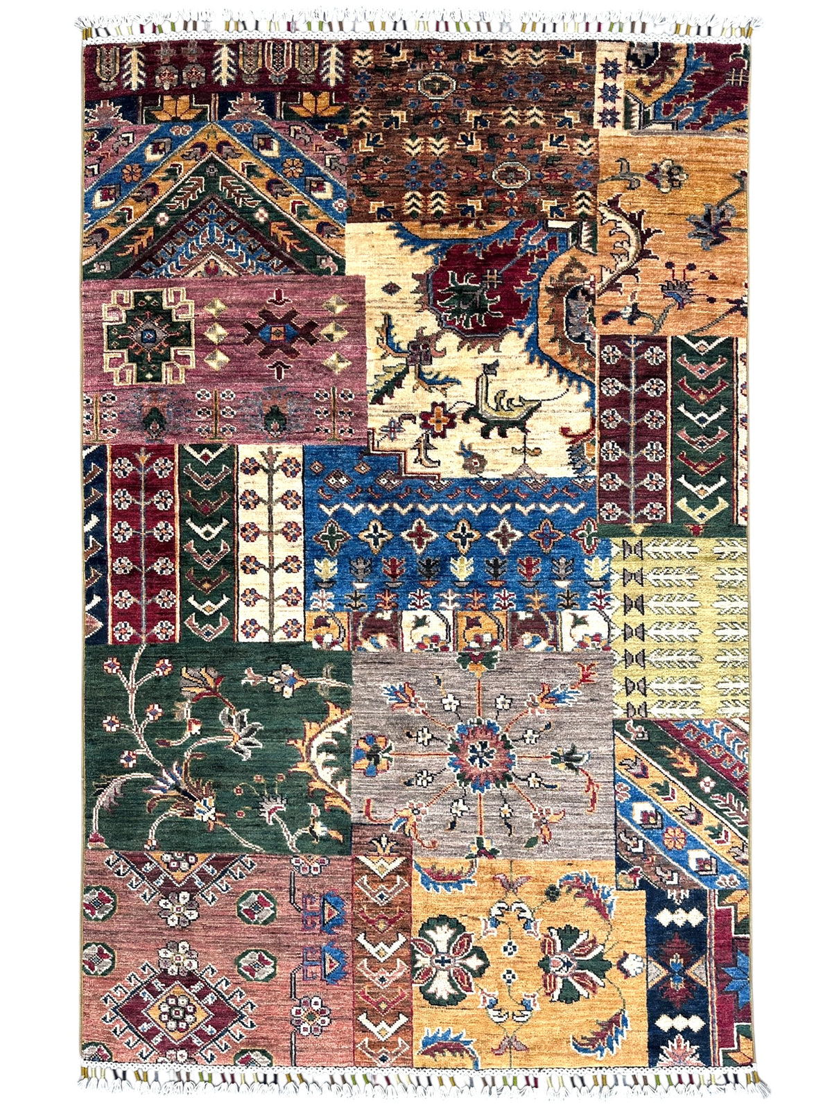 Afghan Gabbeh Rug 4x6, Red, Gold & Blue, Hand-Knotted Wool