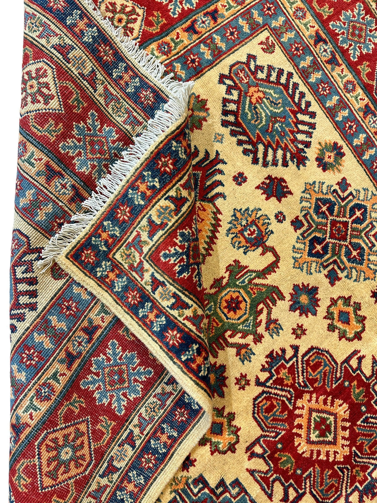 Afghan Kazak Rug 5x7, Gold, Red & Navy, Hand-Knotted Wool, view 7