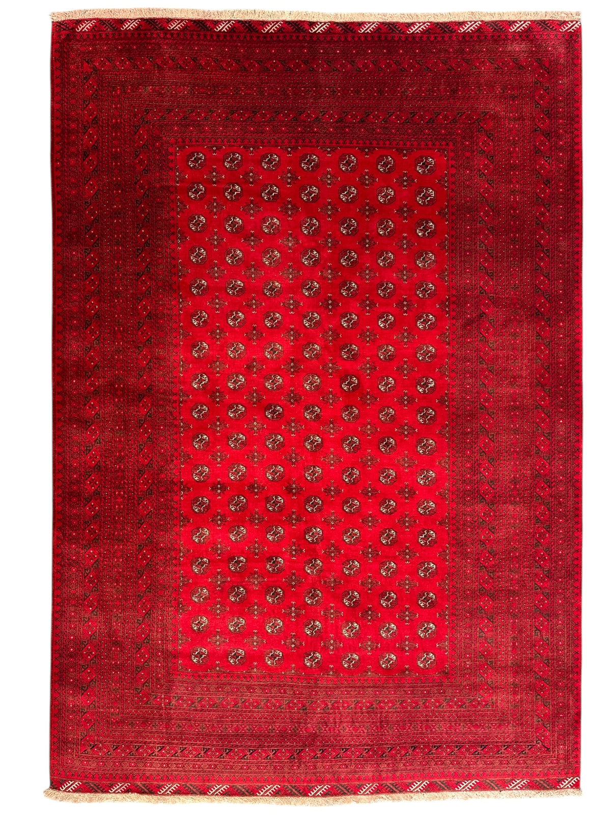 Afghan Mauri Rug 6x9, Red, Burgundy & Ivory, Hand-Knotted Wool