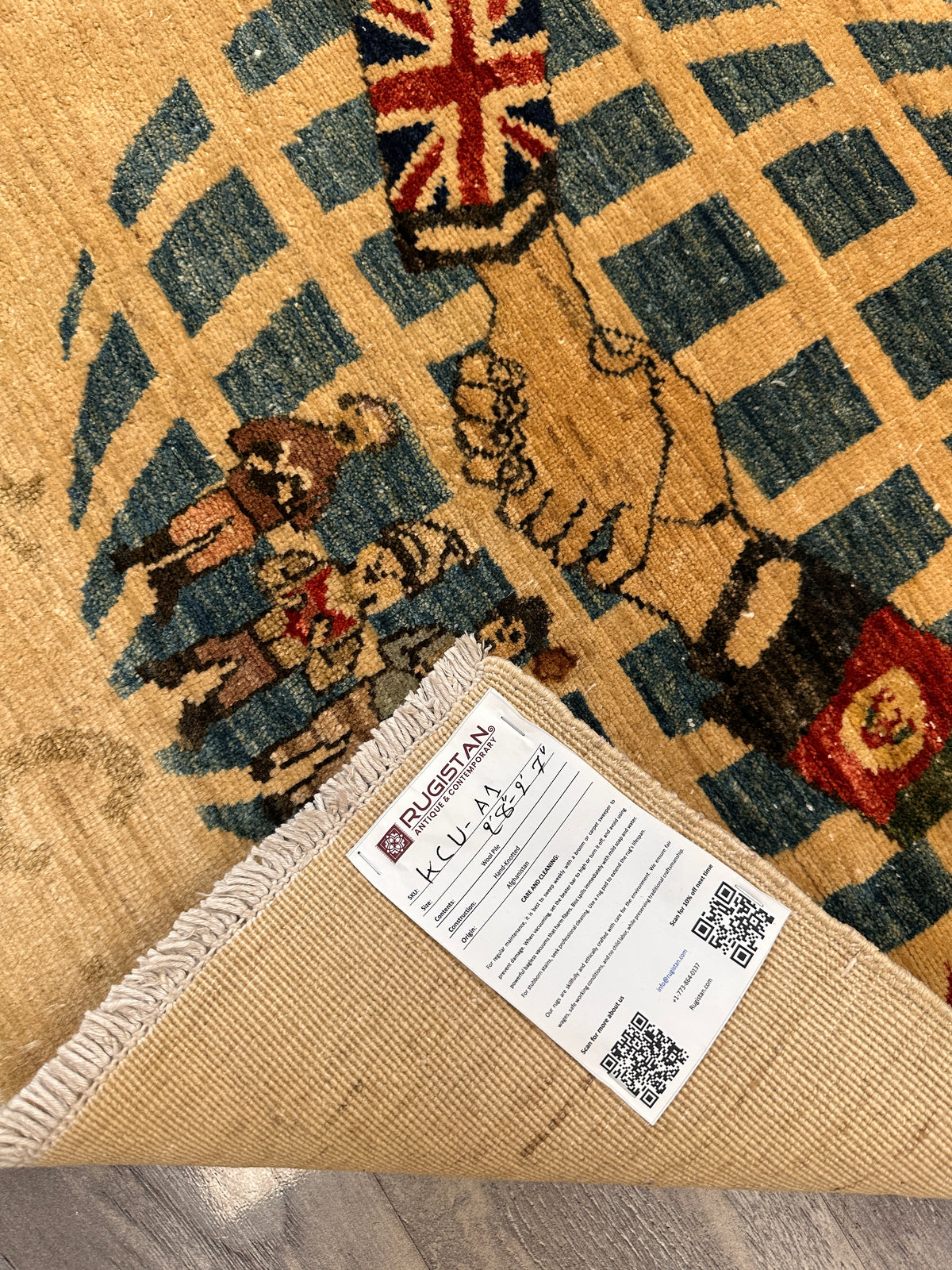 Afghan Rug 3x3, Beige, Teal & Red, Hand-Knotted Wool, view 3